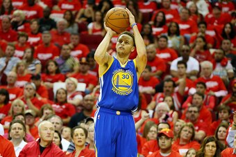 HOUSTON, TX - MAY 23:  Stephen Curry #30 of the Golden State Warriors shoots a three pointer in the third quarter against the Houston Rockets during Game Three of the Western Conference Finals of the 2015 NBA PLayoffs at Toyota Center on May 23, 2015 in H