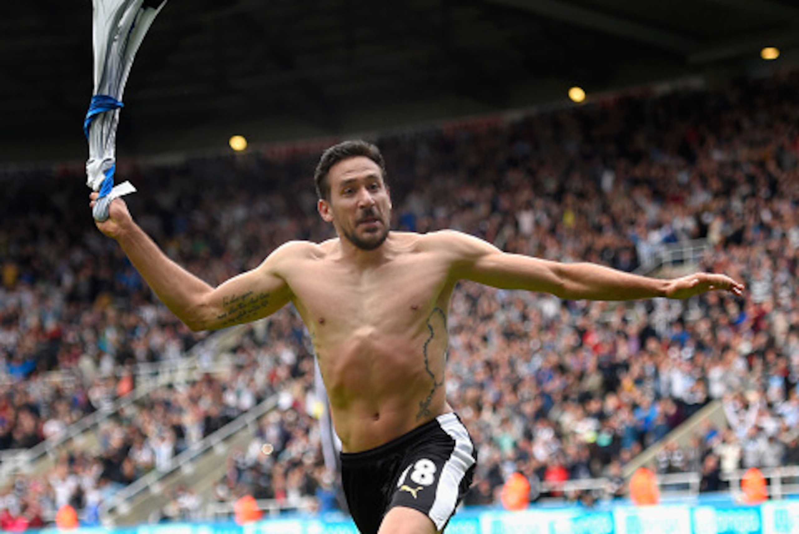 NEWCASTLE UPON TYNE, ENGLAND - MAY 24:  Newcastle player Jonas Gutierrez celebrates after scoring the second goal during the Barclays Premier League match between Newcastle United and West Ham United at St James' Park on May 24, 2015 in Newcastle upon Tyn