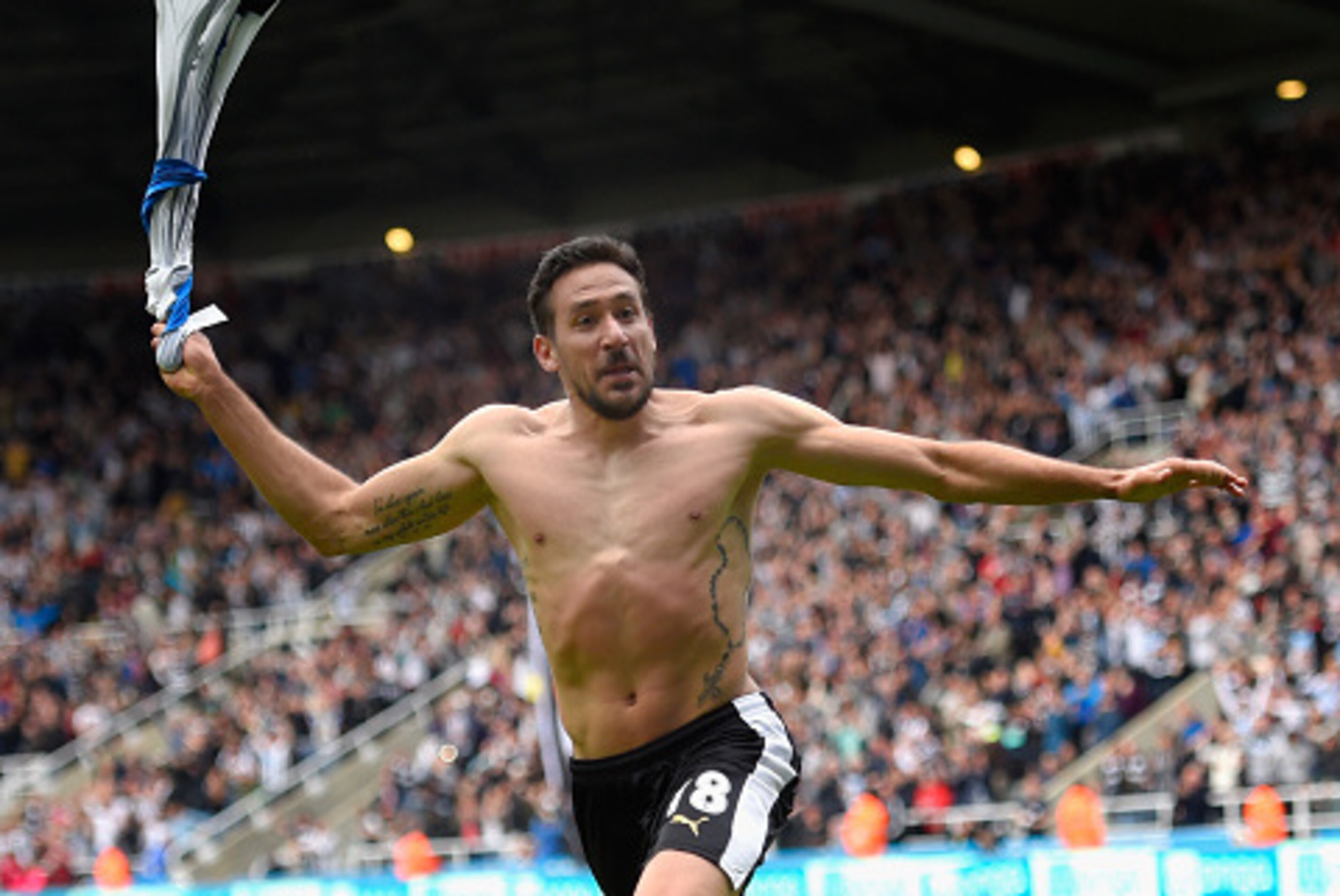 NEWCASTLE UPON TYNE, ENGLAND - MAY 24:  Newcastle player Jonas Gutierrez celebrates after scoring the second goal during the Barclays Premier League match between Newcastle United and West Ham United at St James' Park on May 24, 2015 in Newcastle upon Tyn