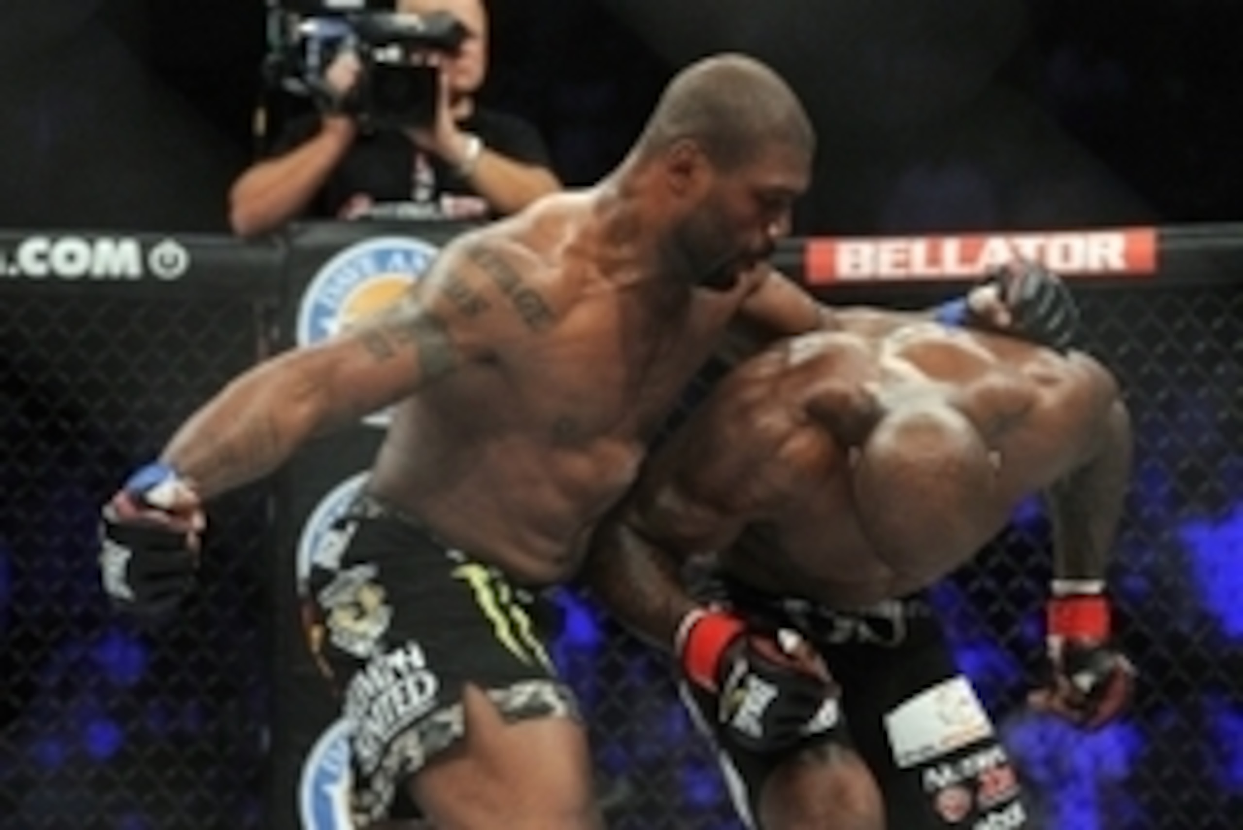May 17, 2014; Southaven, MS, USA; Muhammed Lawal (red gloves) fights against Quinton Jackson (blue gloves) during BFC 120 at Landers Center. Quinton Jackson defeats Muhammed Lawal by unanimous decision. Mandatory Credit: Justin Ford-USA TODAY Sports