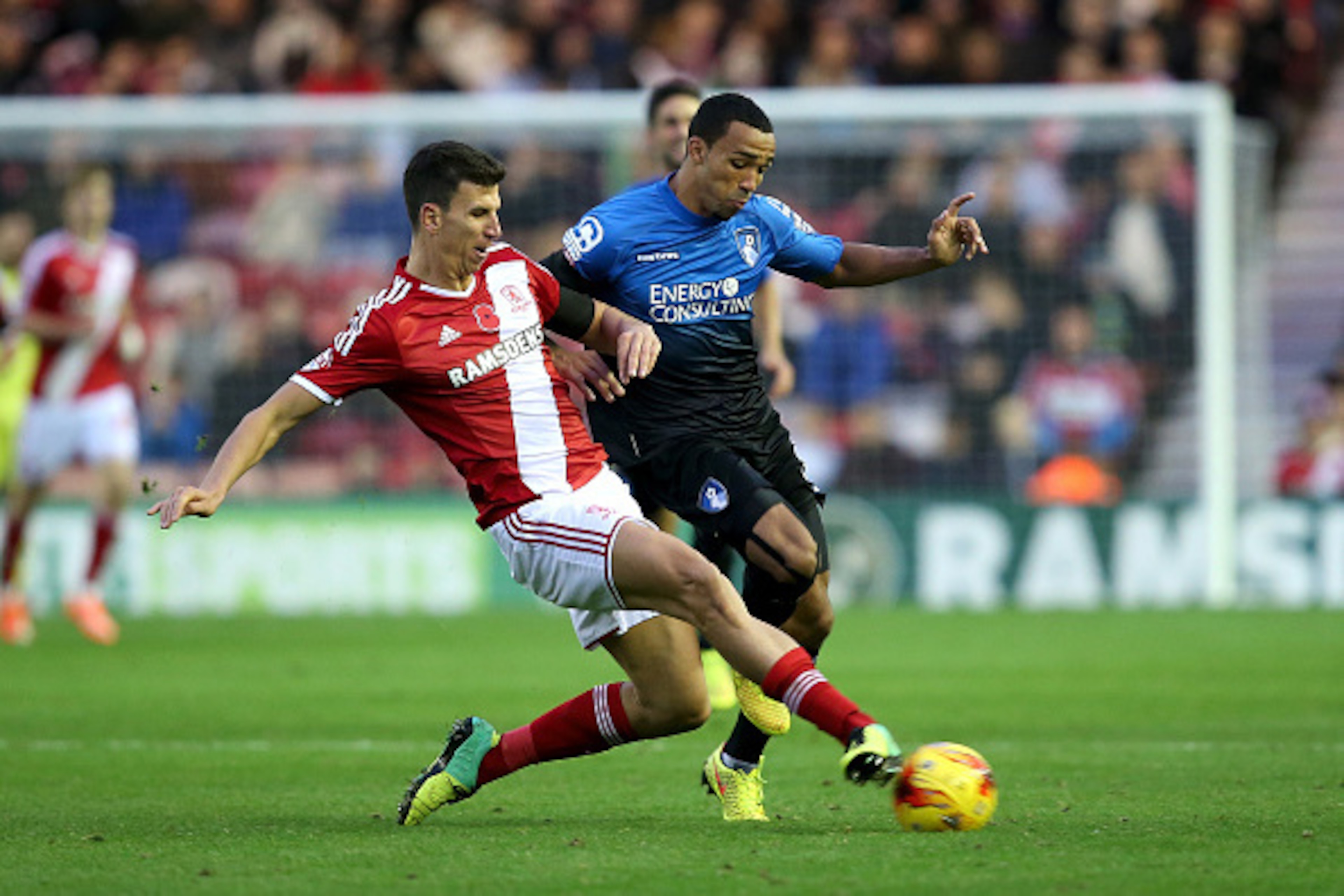 MIDDLESBROUGH, ENGLAND - NOVEMBER 08:  Callum Wilson of AFC Bournemouth battles with Daniel Ayala of Middlesbrough during the Sky Bet Championship match between Middlesbrough and Bournemouth at Riverside Stadium on November 8, 2014 in Middlesbrough, Engla