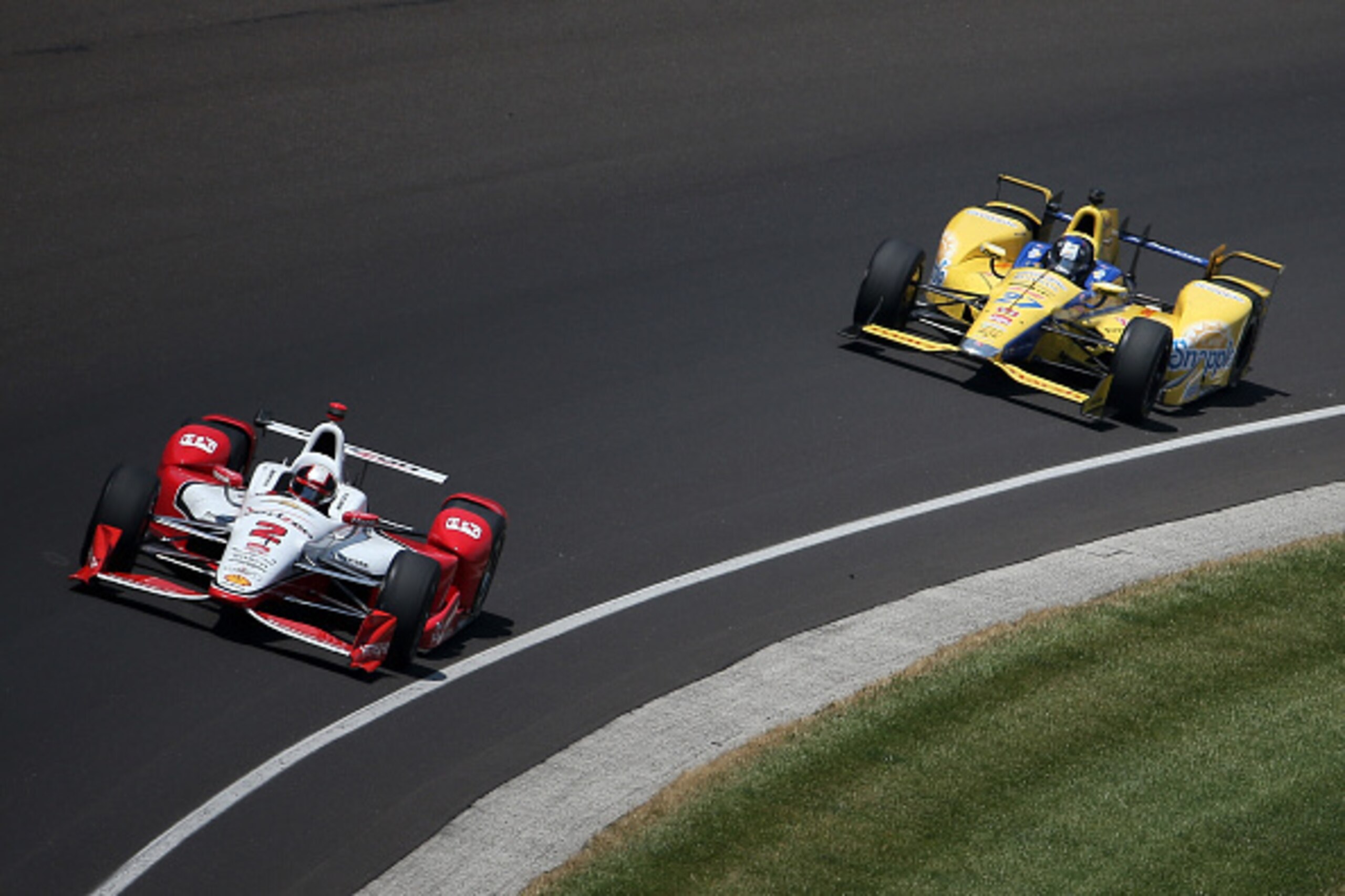 INDIANAPOLIS, IN - MAY 24:  Juan Pablo Montoya of Colombia driver of the #2 Team Penske Chevrolet Dallara drives during the 99th running of the Indianapolis 500 mile race at Indianapolis Motorspeedway on May 24, 2015 in Indianapolis, Indiana.  (Photo by C