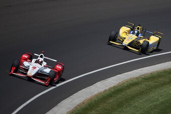 INDIANAPOLIS, IN - MAY 24:  Juan Pablo Montoya of Colombia driver of the #2 Team Penske Chevrolet Dallara drives during the 99th running of the Indianapolis 500 mile race at Indianapolis Motorspeedway on May 24, 2015 in Indianapolis, Indiana.  (Photo by C