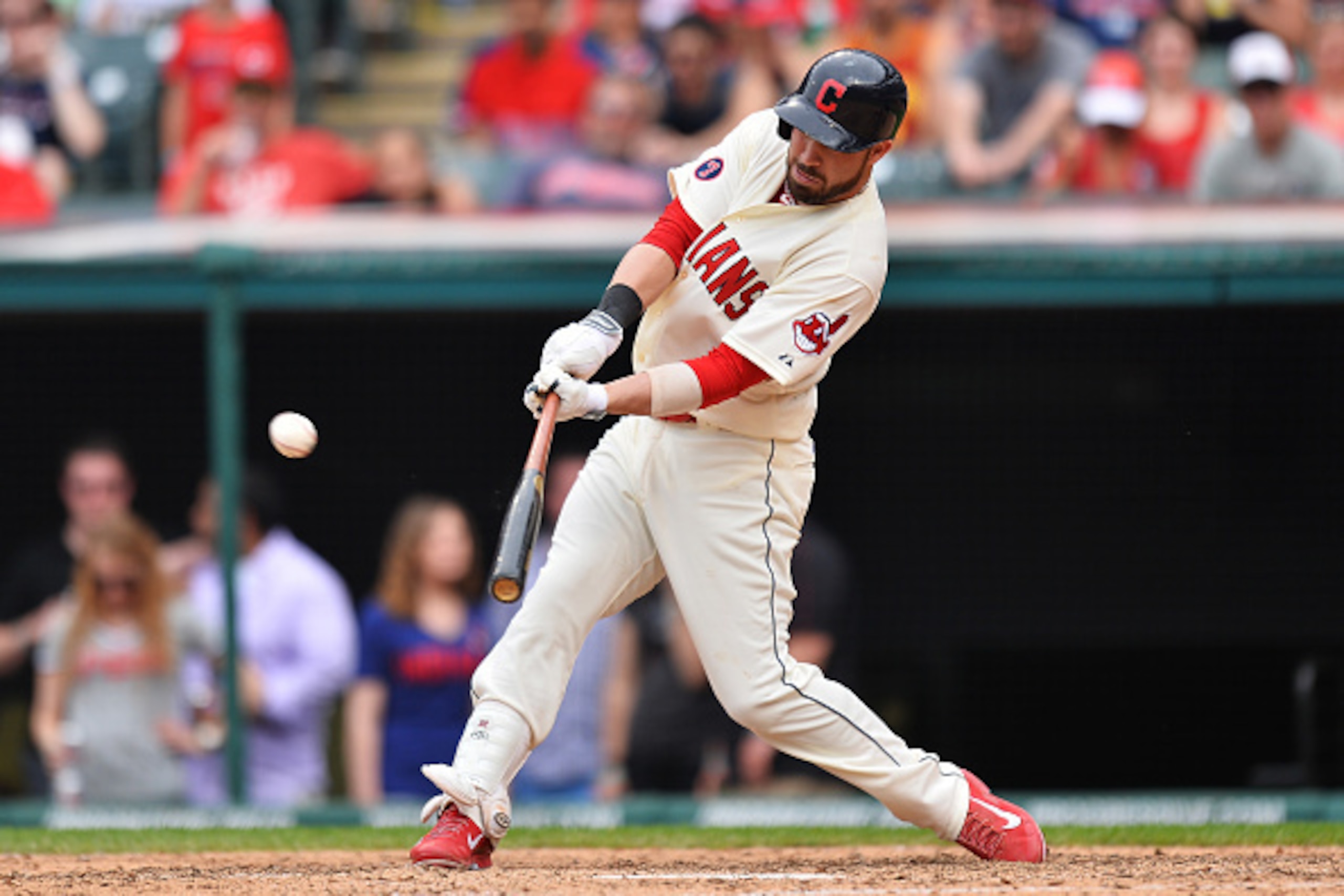 CLEVELAND, OH - MAY 24:   Jason Kipnis #22 of the Cleveland Indians hits a double in the eighth inning against the Cincinnati Reds at Progressive Field on May 24, 2015 in Cleveland, Ohio.  Cleveland defeated Cincinnati 5-2.  (Photo by Jamie Sabau/Getty Im