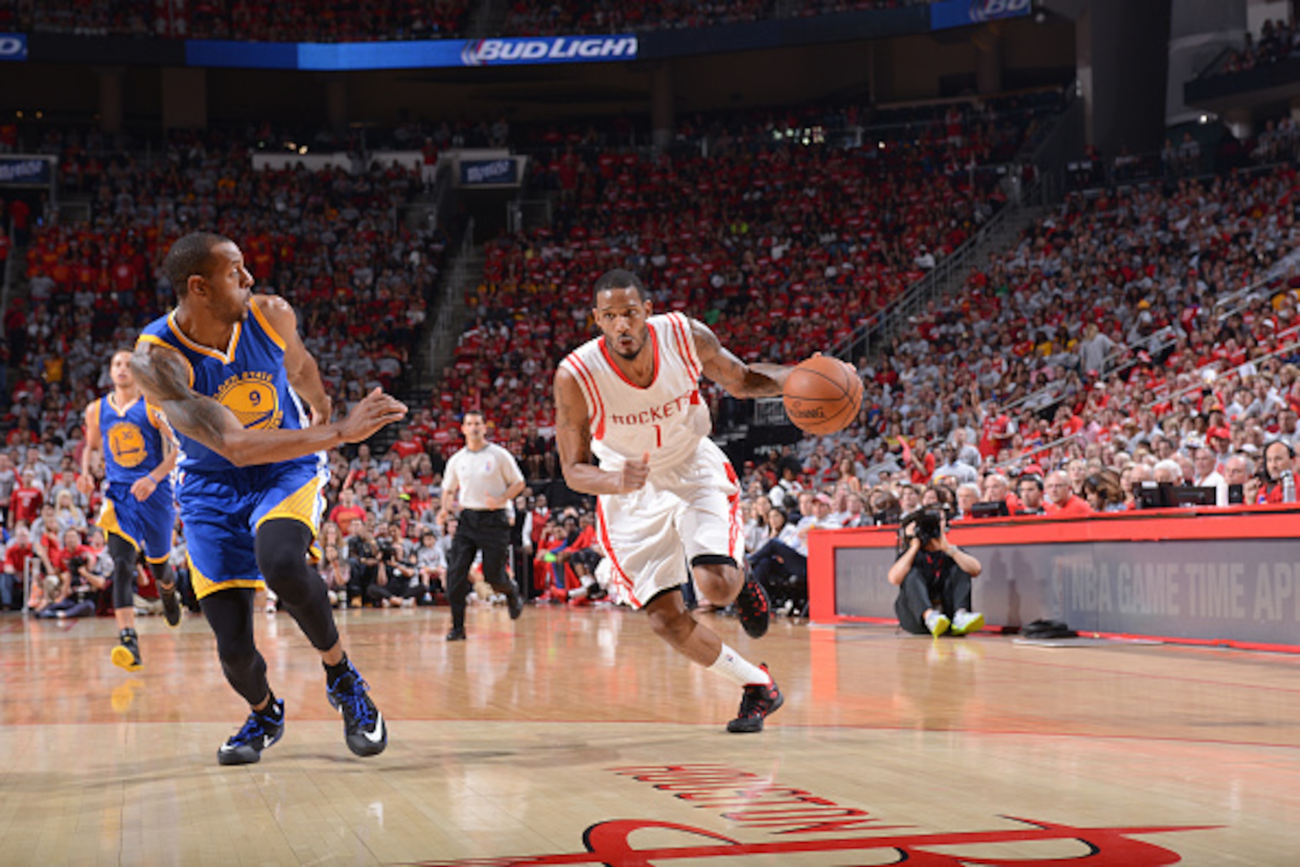 HOUSTON, TX - MAY 23:  Trevor Ariza #1 of the Houston Rockets handles the ball against the Golden State Warriors in Game Three of the Western Conference Finals during the 2015 NBA Playoffs on May 23, 2015 at the Toyota Center in Houston, Texas. NOTE TO US