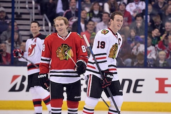 COLUMBUS, OH - JANUARY 24:  Patrick Kane #88 of the Chicago Blackhawks and Team Foligno and Jonathan Toews #19 of the Chicago Blackhawks and Team Toews look on after the DraftKings NHL Accuracy Shooting event of the 2015 Honda NHL All-Star Skills Competit