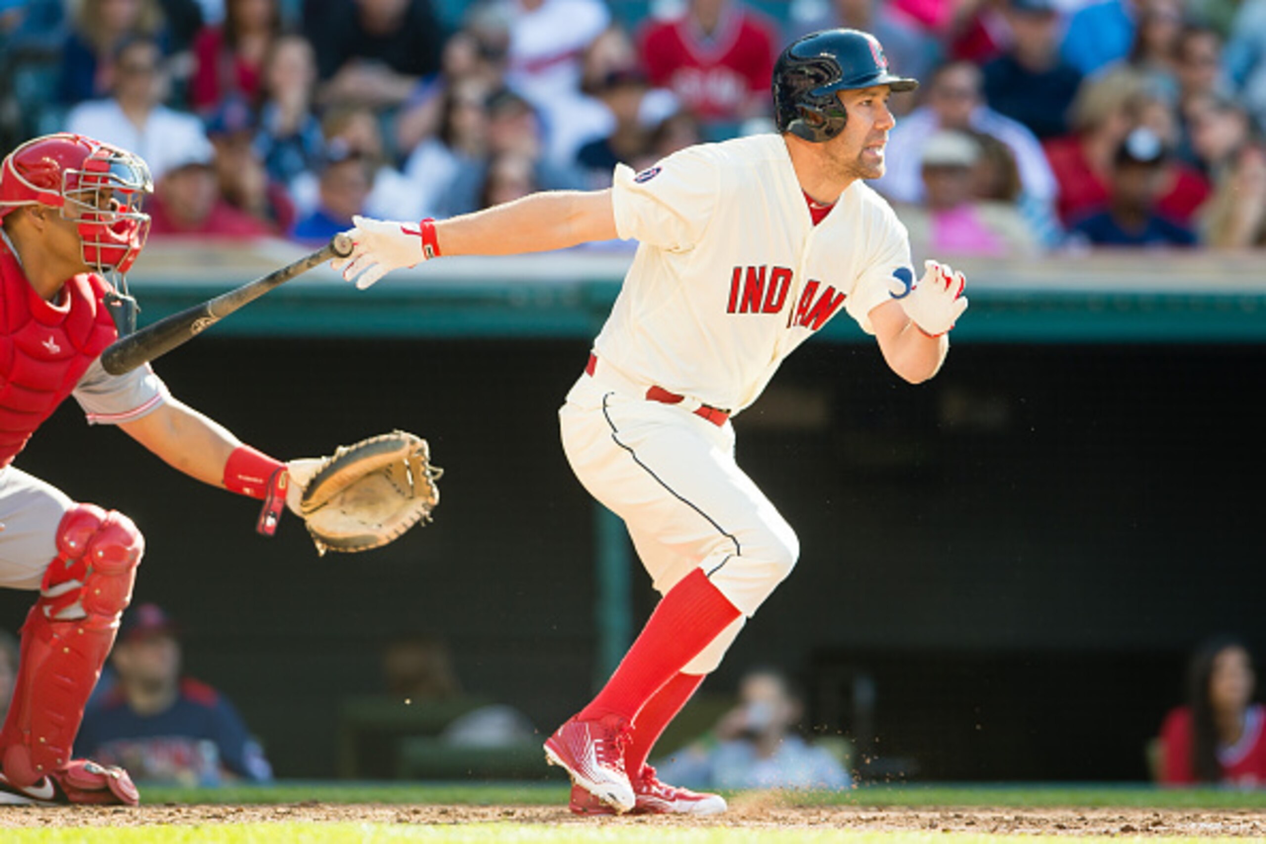 CLEVELAND, OH -  MAY 23: David Murphy #7 of the Cleveland Indians hits an RBI single to center during the sixth inning against the Cincinnati Reds at Progressive Field on May 23, 2015 in Cleveland, Ohio. (Photo by Jason Miller/Getty Images)