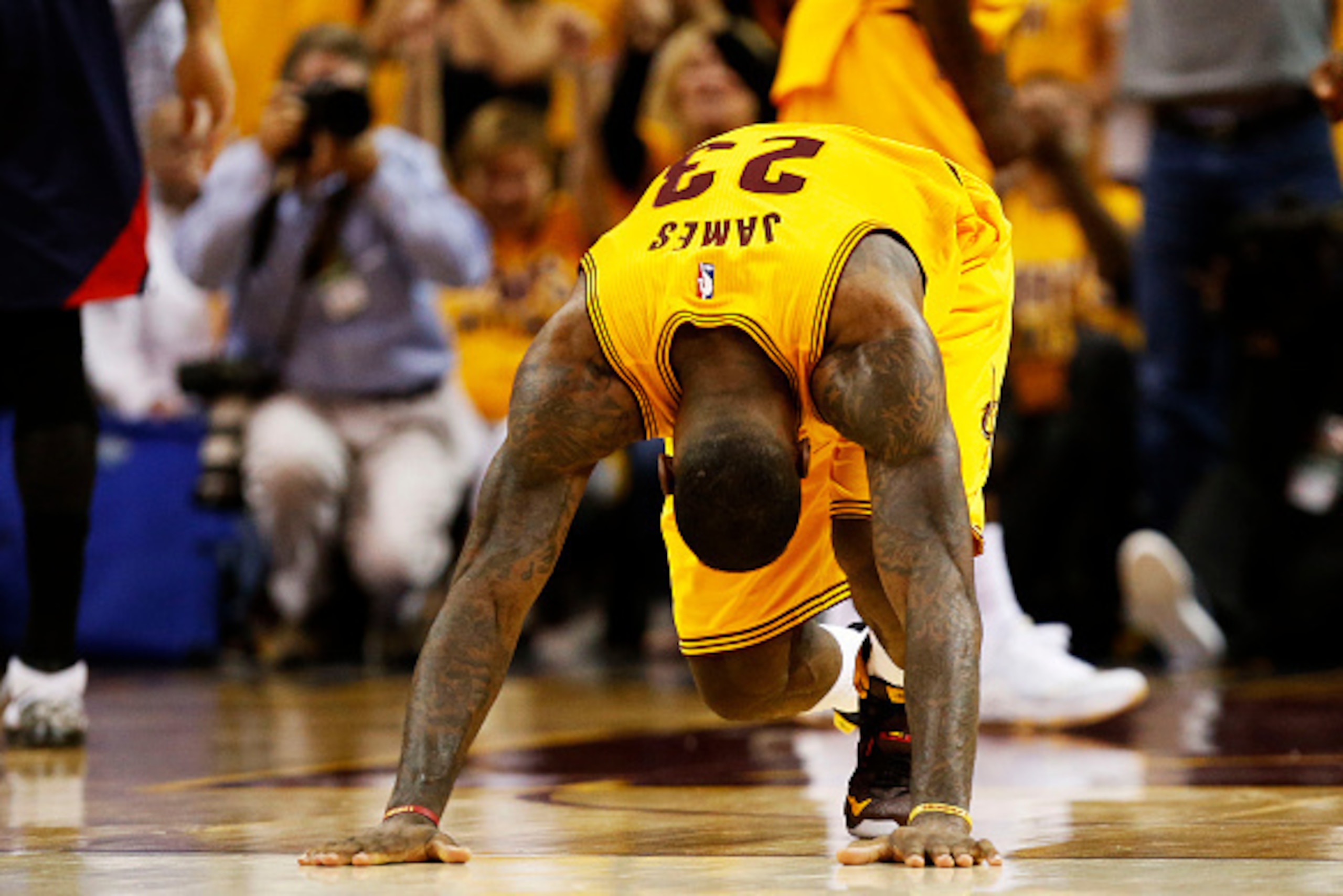 CLEVELAND, OH - MAY 24:  LeBron James #23 of the Cleveland Cavaliers react after their 114 to 111 win over the Atlanta Hawks in overtime during Game Three of the Eastern Conference Finals of the 2015 NBA Playoffs at Quicken Loans Arena on May 24, 2015 in 