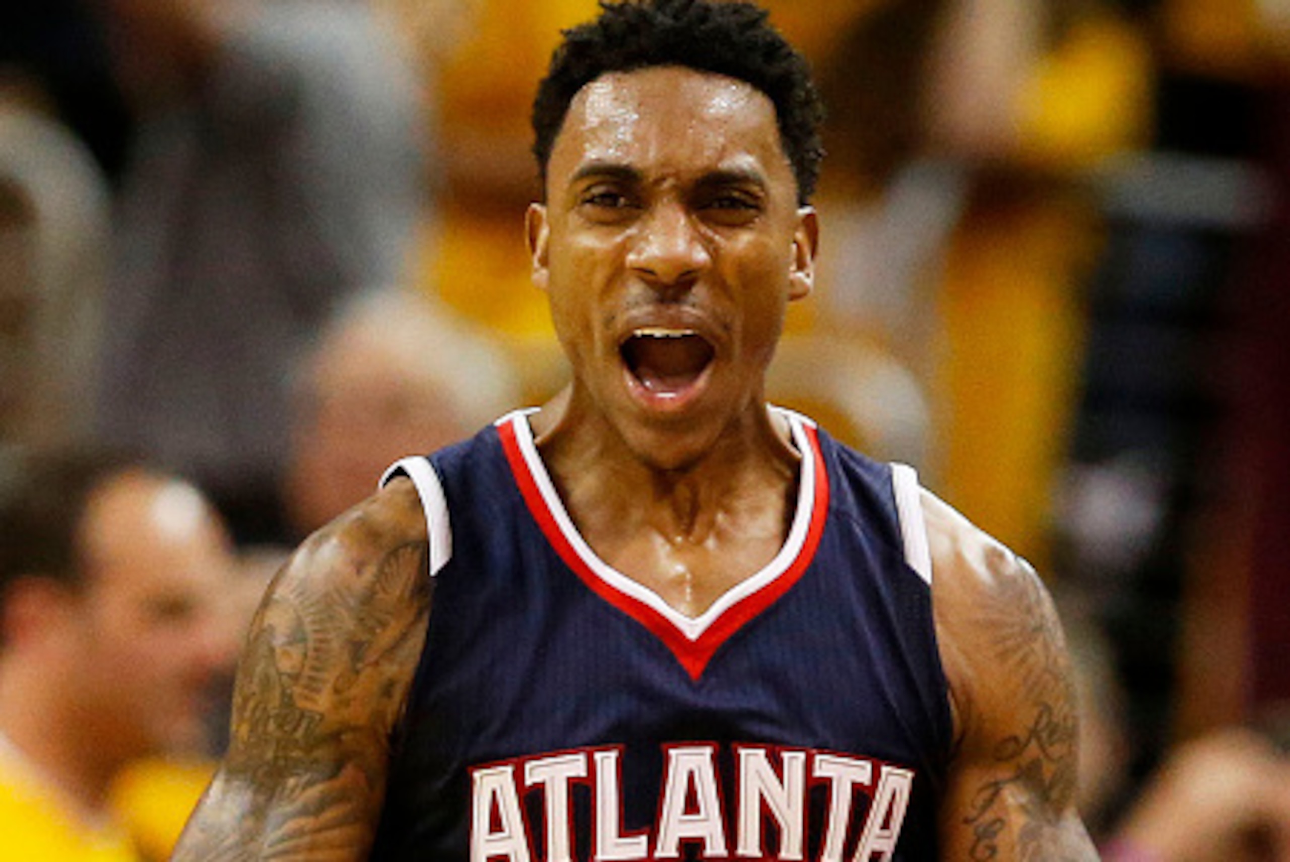 CLEVELAND, OH - MAY 24:  Jeff Teague #0 of the Atlanta Hawks reacts in overtime against the Cleveland Cavaliers during Game Three of the Eastern Conference Finals of the 2015 NBA Playoffs at Quicken Loans Arena on May 24, 2015 in Cleveland, Ohio. NOTE TO 