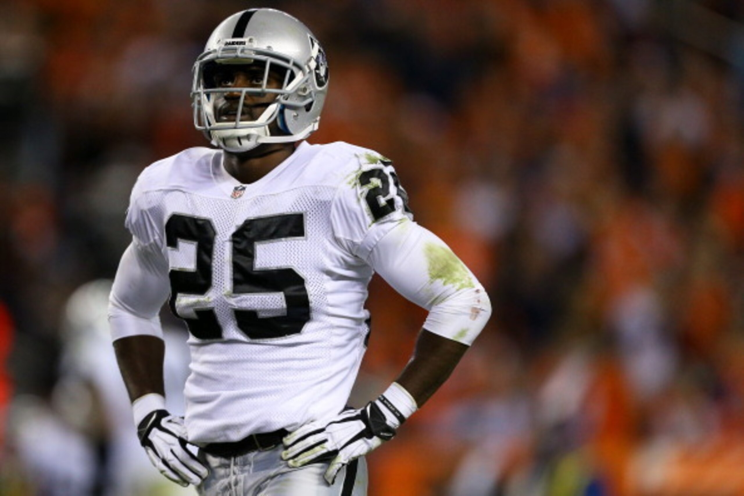 DENVER, CO - SEPTEMBER 23:  Cornerback DJ Hayden #25 of the Oakland Raiders reacts after a Denver Broncos first down during the third quarter at Sports Authority Field Field at Mile High on September 23, 2013 in Denver, Colorado. The Broncos defeated the 