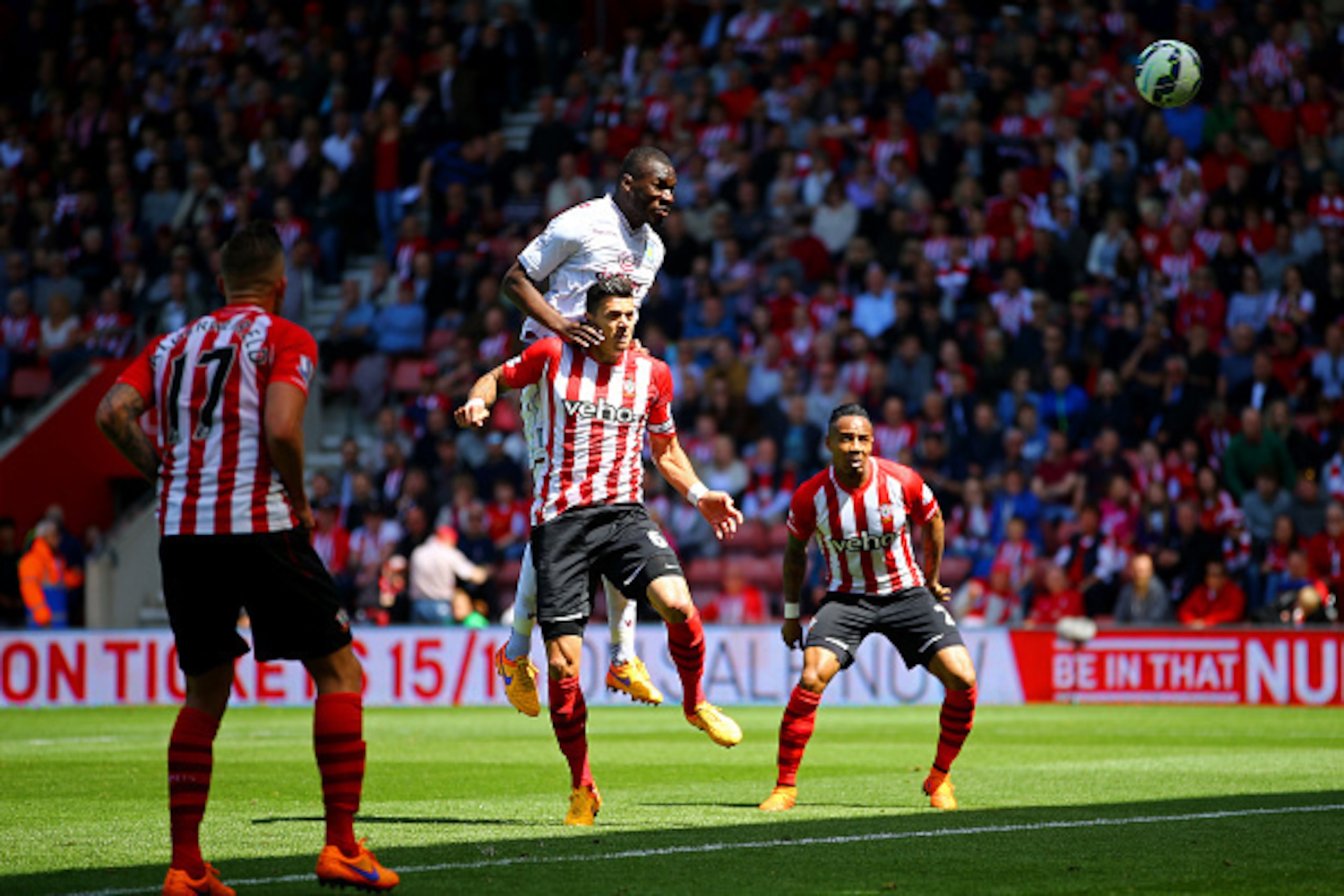 SOUTHAMPTON, ENGLAND - MAY 16:  Christian Benteke of Aston Villa heads in their first goal during the Barclays Premier League match between Southampton and Aston Villa at St Mary's Stadium on May 16, 2015 in Southampton, England.  (Photo by Richard Heathc
