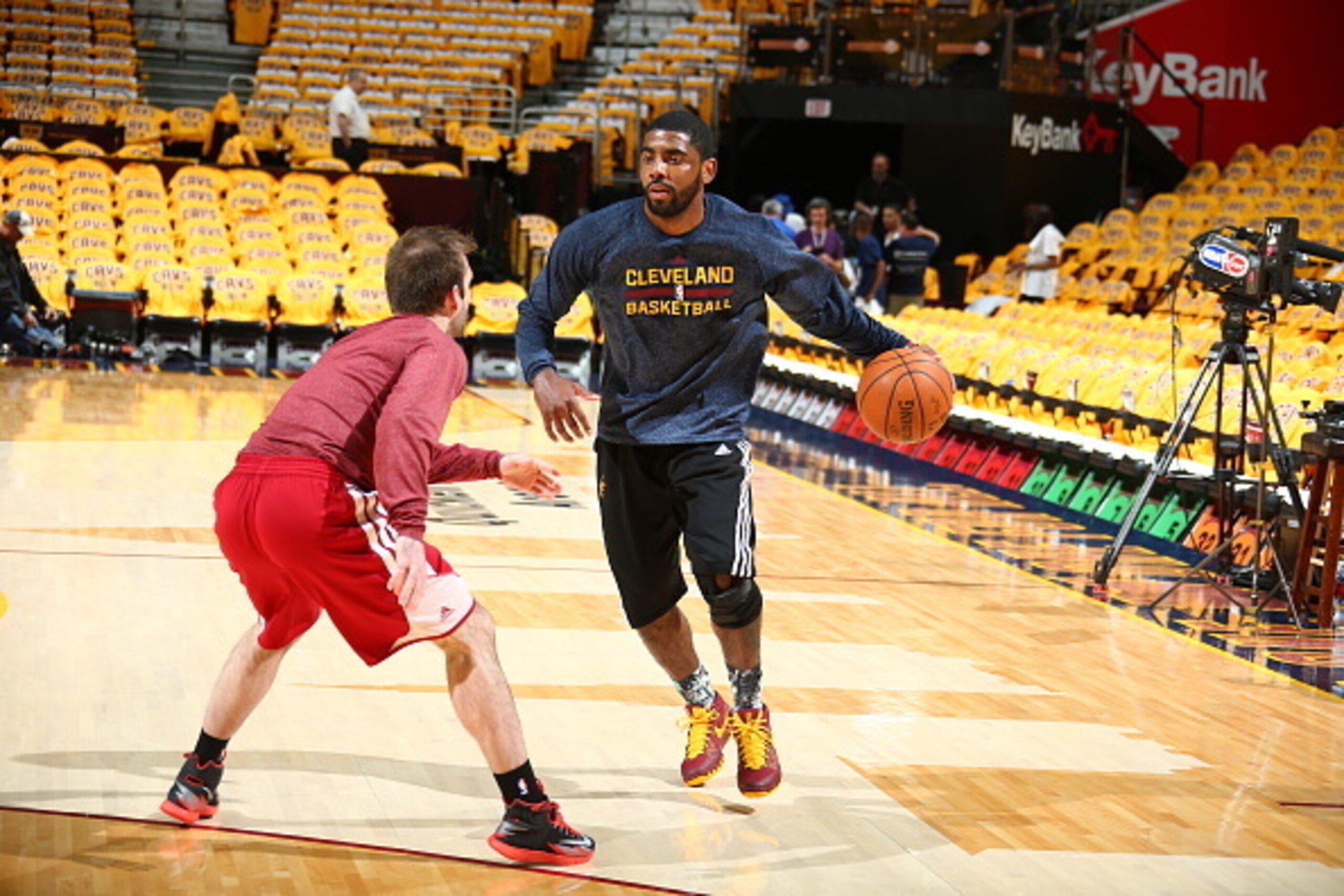 CLEVELAND, OH - MAY 24:  Kyrie Irving #2 of the Cleveland Cavaliers warms up before Game Three of the Eastern Conference Finals against the Atlanta Hawks during the 2015 NBA Playoffs on May 24, 2015 at Quicken Loans Arena in Cleveland, Ohio.  NOTE TO USER