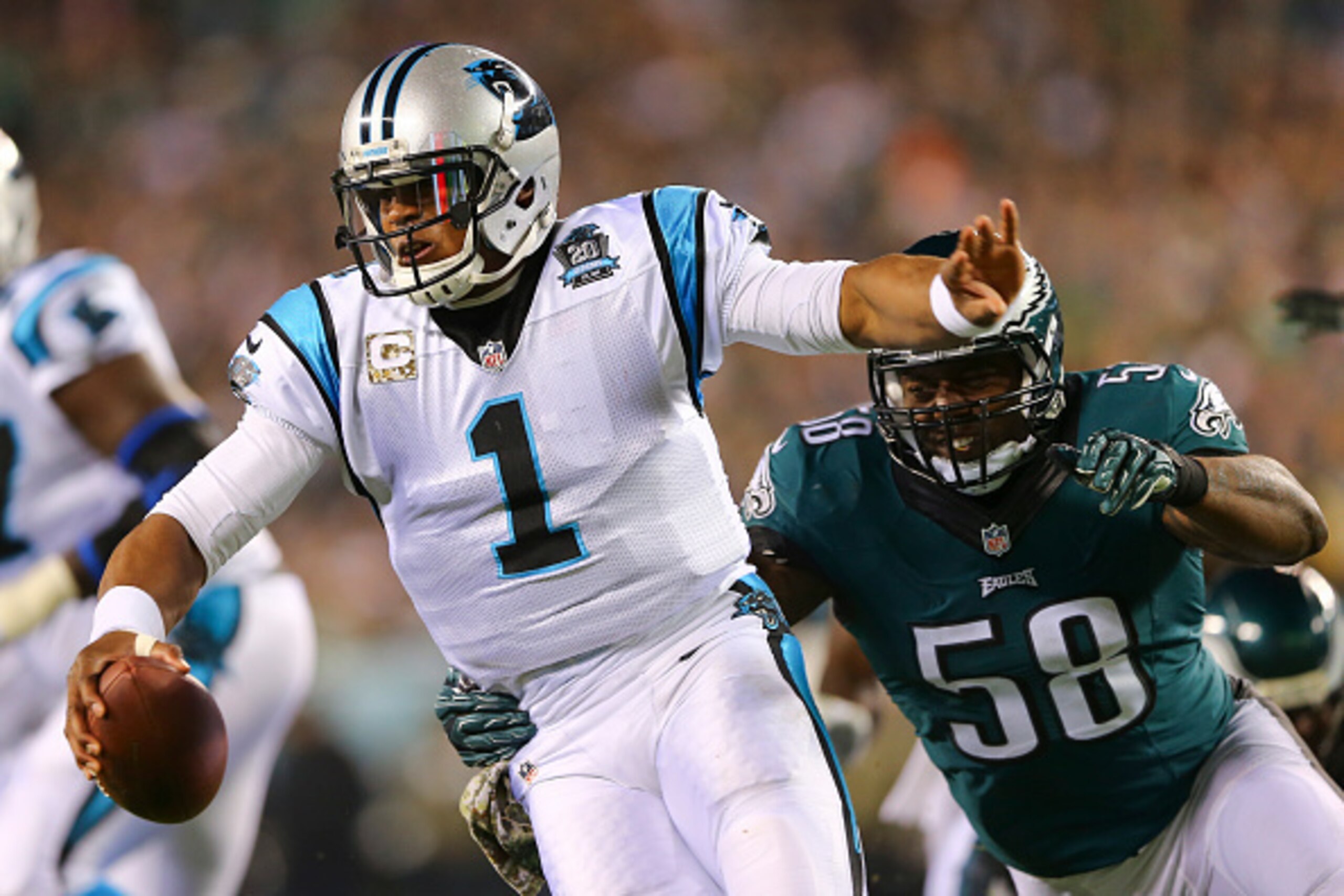 PHILADELPHIA, PA - NOVEMBER 10: Cam Newton #1 of the Carolina Panthers is sacked by Trent Cole #58 of the Philadelphia Eagles on November 10, 2014 at Lincoln Financial Field in Philadelphia, Pennsylvania. (Photo by Elsa/Getty Images) PHILADELPHIA, PA - NOVEMBER 10: Cam Newton #1 of the Carolina Panthers is sacked by Trent Cole #58 of the Philadelphia Eagles on November 10, 2014 at Lincoln Financial Field in Philadelphia, Pennsylvania. (Photo by Elsa/Getty Images)