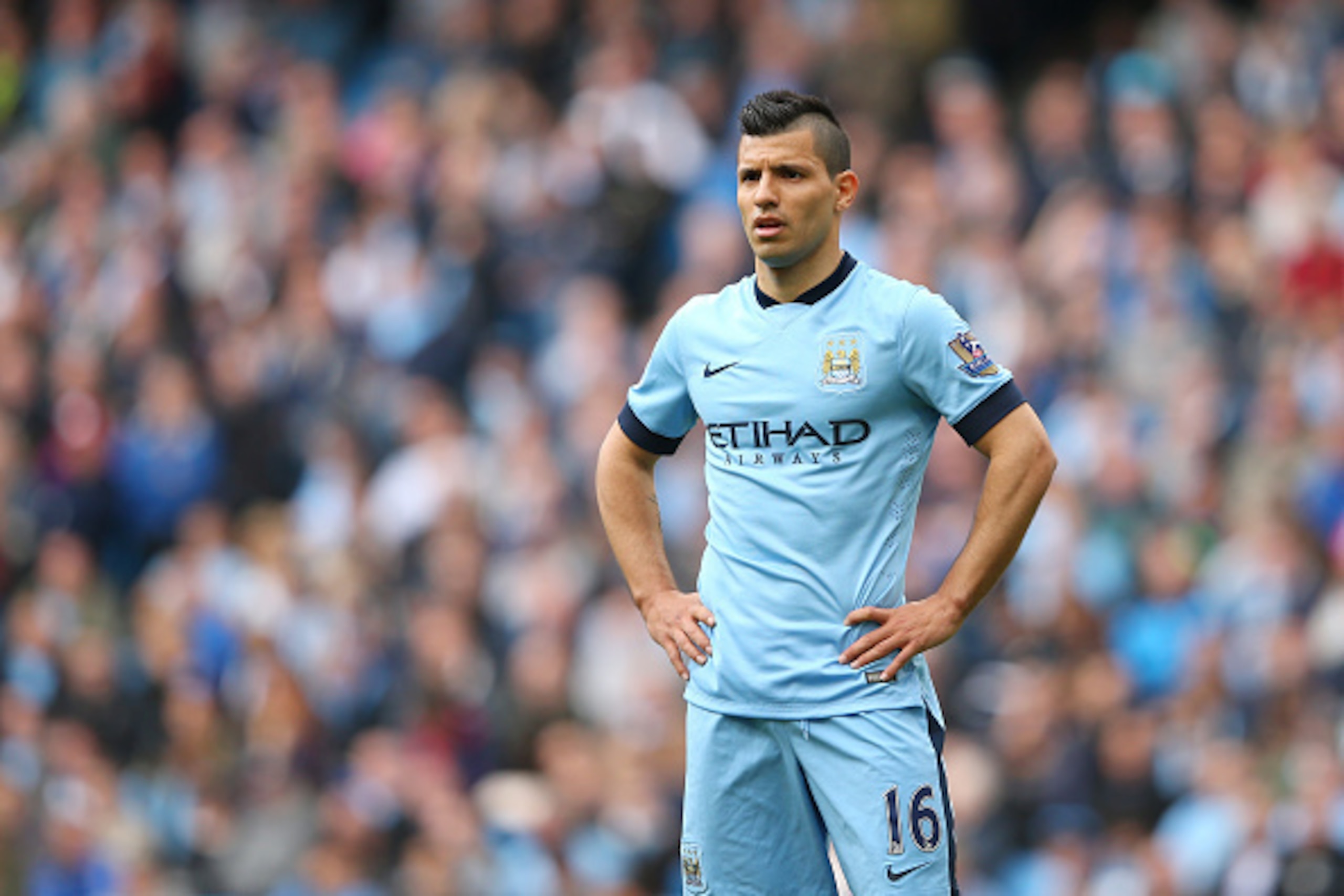 MANCHESTER, ENGLAND - MAY 10: Sergio Aguero of Manchester City looks on during the Barclays Premier League match between Manchester City and Queens Park Rangers at the Etihad Stadium on May 10, 2015 in Manchester, England. (Photo by Alex Livesey/Getty I MANCHESTER, ENGLAND - MAY 10: Sergio Aguero of Manchester City looks on during the Barclays Premier League match between Manchester City and Queens Park Rangers at the Etihad Stadium on May 10, 2015 in Manchester, England. (Photo by Alex Livesey/Getty I