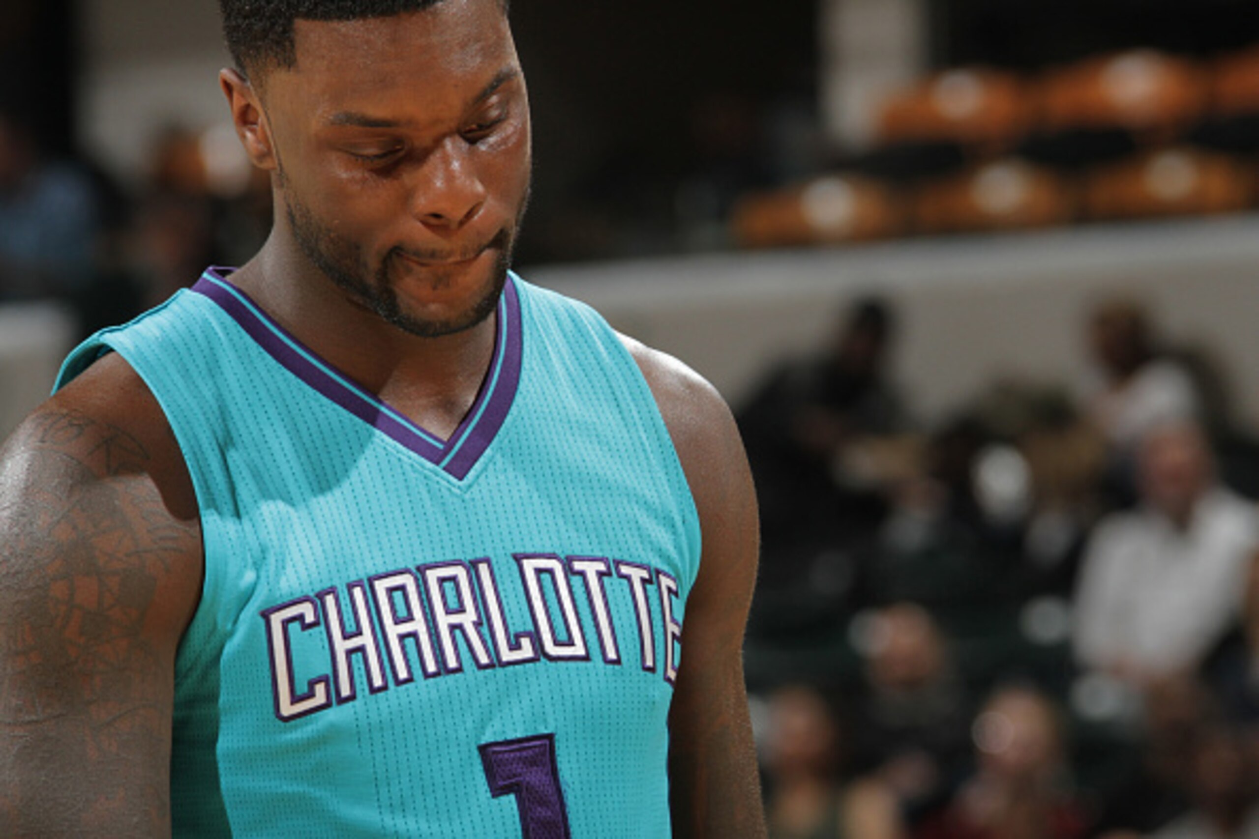 INDIANAPOLIS, IN - APRIL 3:  Lance Stephenson #1 of the Charlotte Hornets stands on the court during a game against the Indiana Pacers on April 3, 2015 at Bankers Life Fieldhouse in Indianapolis, Indiana. NOTE TO USER: User expressly acknowledges and agre