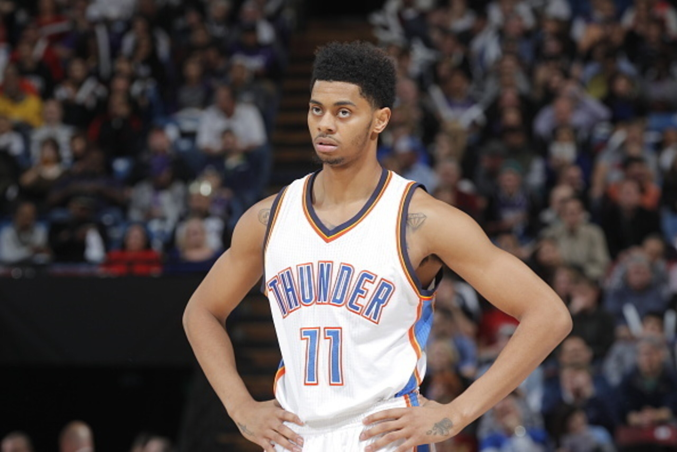 SACRAMENTO, CA - DECEMBER 16: Jeremy Lamb #11 of the Oklahoma City Thunder looks on during the game against the Sacramento Kings on December 16, 2014 at Sleep Train Arena in Sacramento, California. NOTE TO USER: User expressly acknowledges and agrees that SACRAMENTO, CA - DECEMBER 16: Jeremy Lamb #11 of the Oklahoma City Thunder looks on during the game against the Sacramento Kings on December 16, 2014 at Sleep Train Arena in Sacramento, California. NOTE TO USER: User expressly acknowledges and agrees that