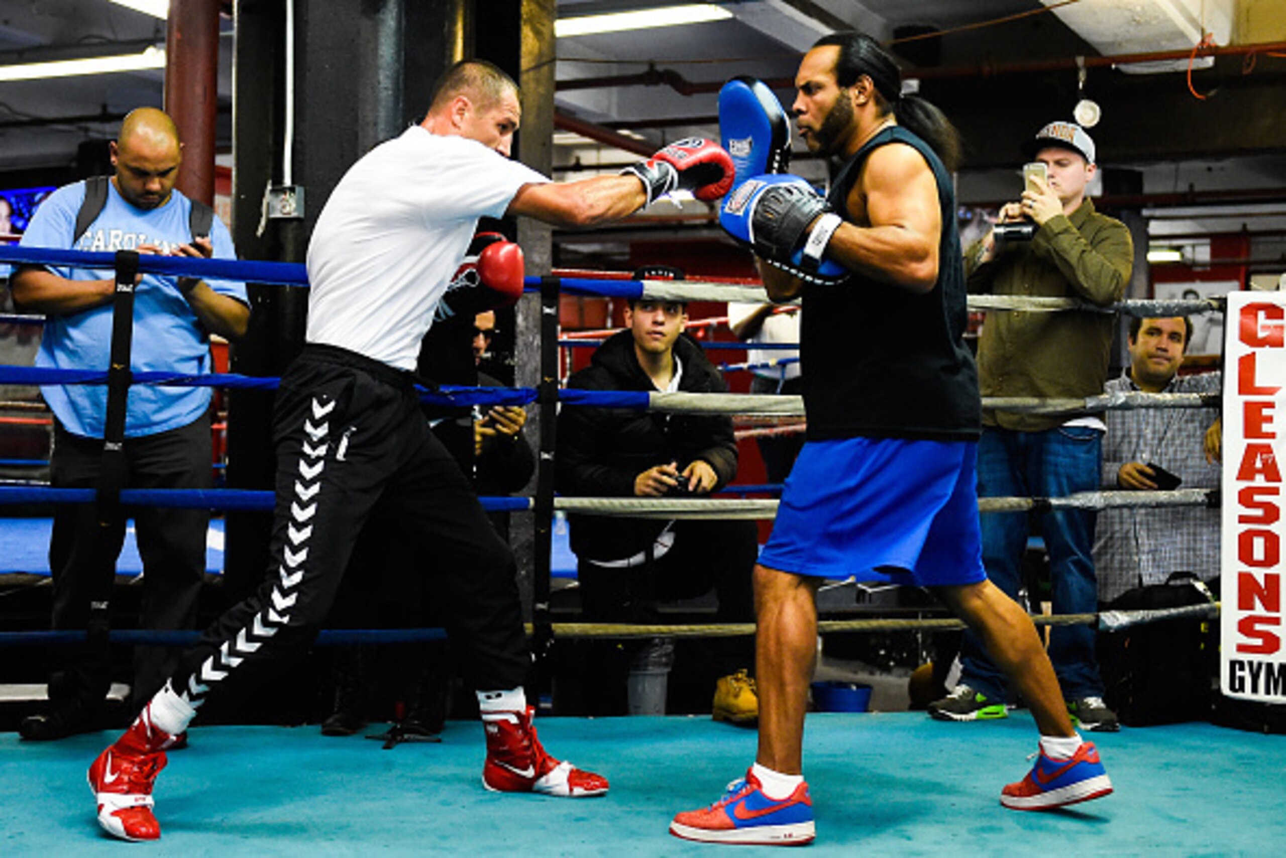 NEW YORK, NY - NOVEMBER 04:  Sergey Kovalev works out with John David Jackson during a training session for an upcoming fight against Bernard Hopkins at Gleason's Gym on November 4, 2014 in the Brooklyn borough of New York City.  (Photo by Alex Goodlett/G