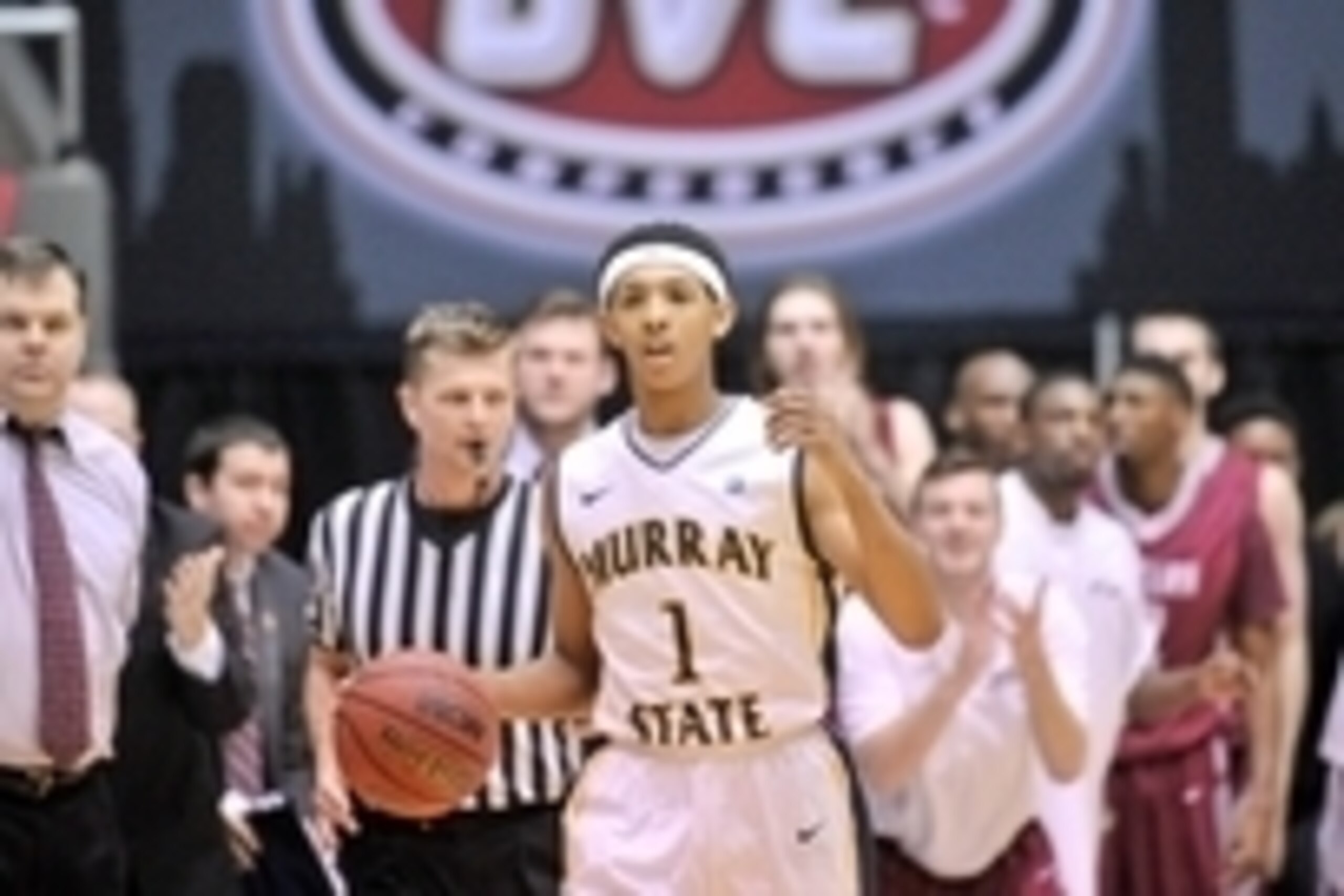 Mar 7, 2014; Nashville, TN, USA; Murray State Racers guard Cameron Payne (1) brings the ball up court against the Eastern Kentucky Colonels during the second half in the semifinals of the Ohio Valley Conference basketball tournament at Nashville Memorial 