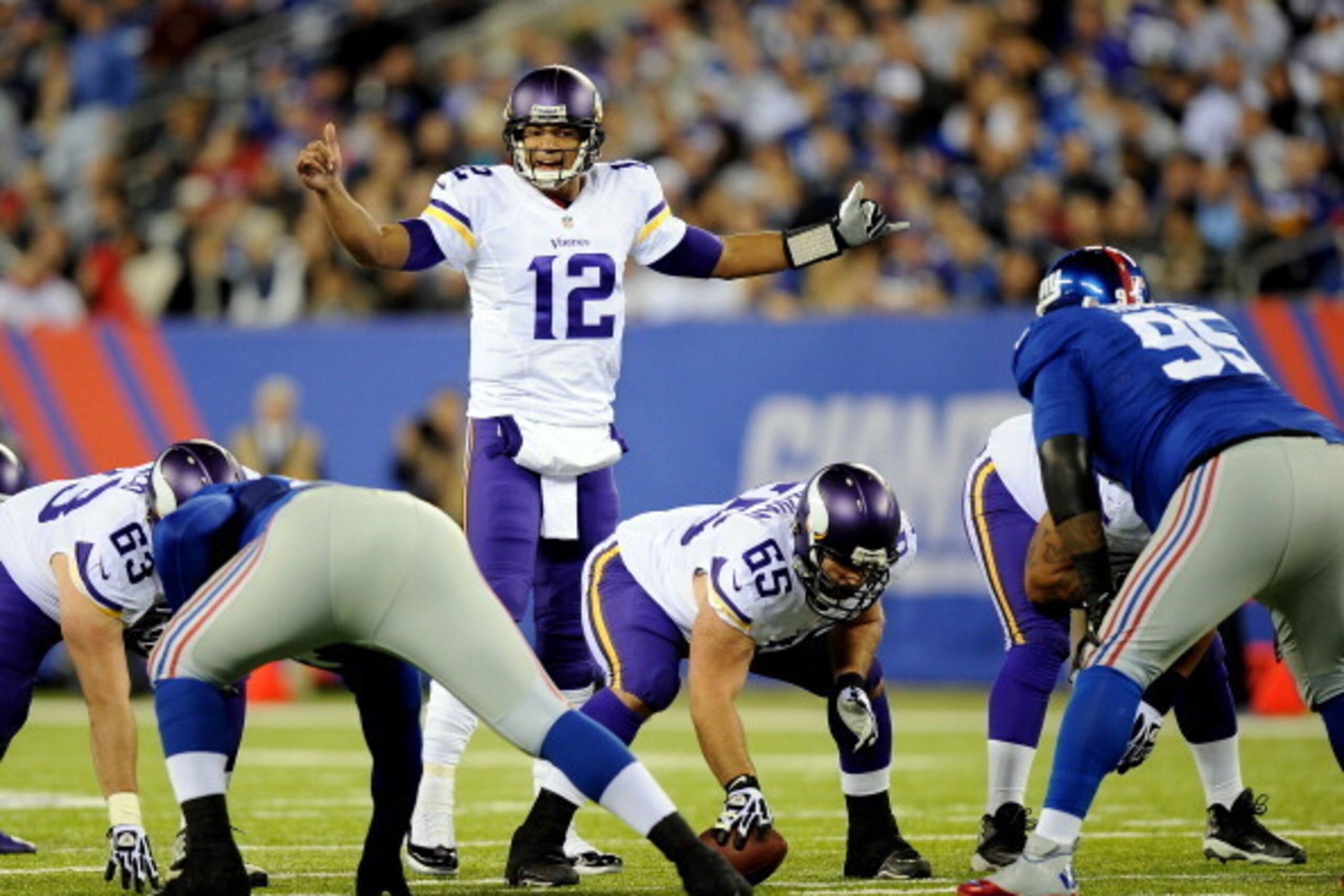 EAST RUTHERFORD, NJ - OCTOBER 21: Quarterback Josh Freeman #12 of the Minnesota Vikings calls a play against the New York Giants during a game at MetLife Stadium on October 21, 2013 in East Rutherford, New Jersey. (Photo by Maddie Meyer/Getty Images) EAST RUTHERFORD, NJ - OCTOBER 21: Quarterback Josh Freeman #12 of the Minnesota Vikings calls a play against the New York Giants during a game at MetLife Stadium on October 21, 2013 in East Rutherford, New Jersey. (Photo by Maddie Meyer/Getty Images)