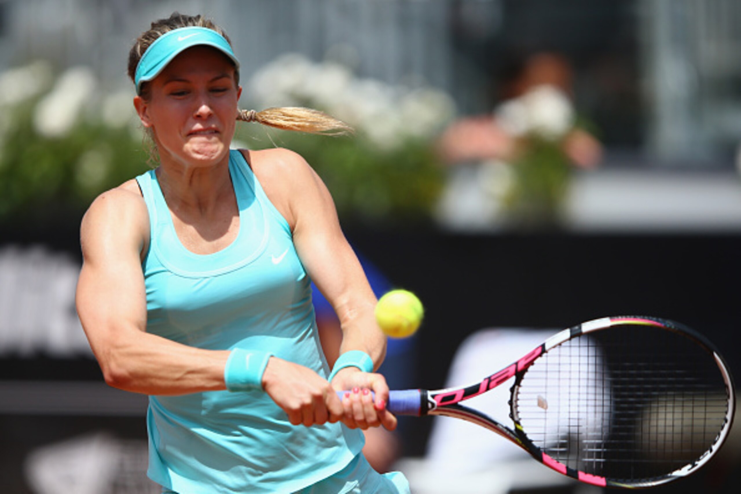 ROME, ITALY - MAY 14:  Eugenie Bouchard of Canada in action during her match against Carla Suárez Navarro of Spain on Day Five of the The Internazionali BNL d'Italia 2015 on May 14, 2015 in Rome, Italy.  (Photo by Ian Walton/Getty Images)