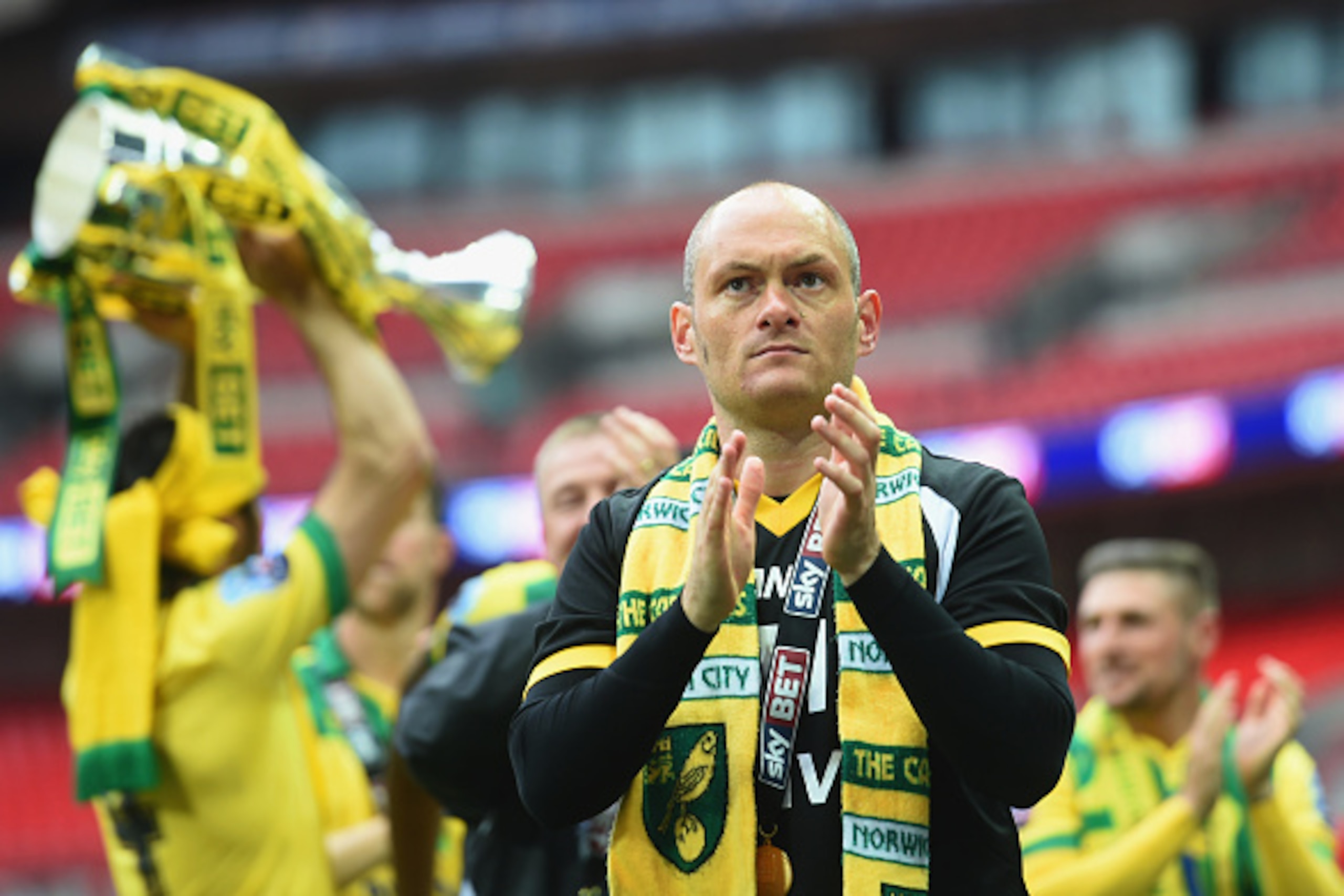 LONDON, ENGLAND - MAY 25:  Alex Neil manager of Norwich City celebrates after the Sky Bet Championship Playoff Final between Middlesbrough and Norwich City at Wembley Stadium on May 25, 2015 in London, England. Norwich City seal promotion to the Premier L