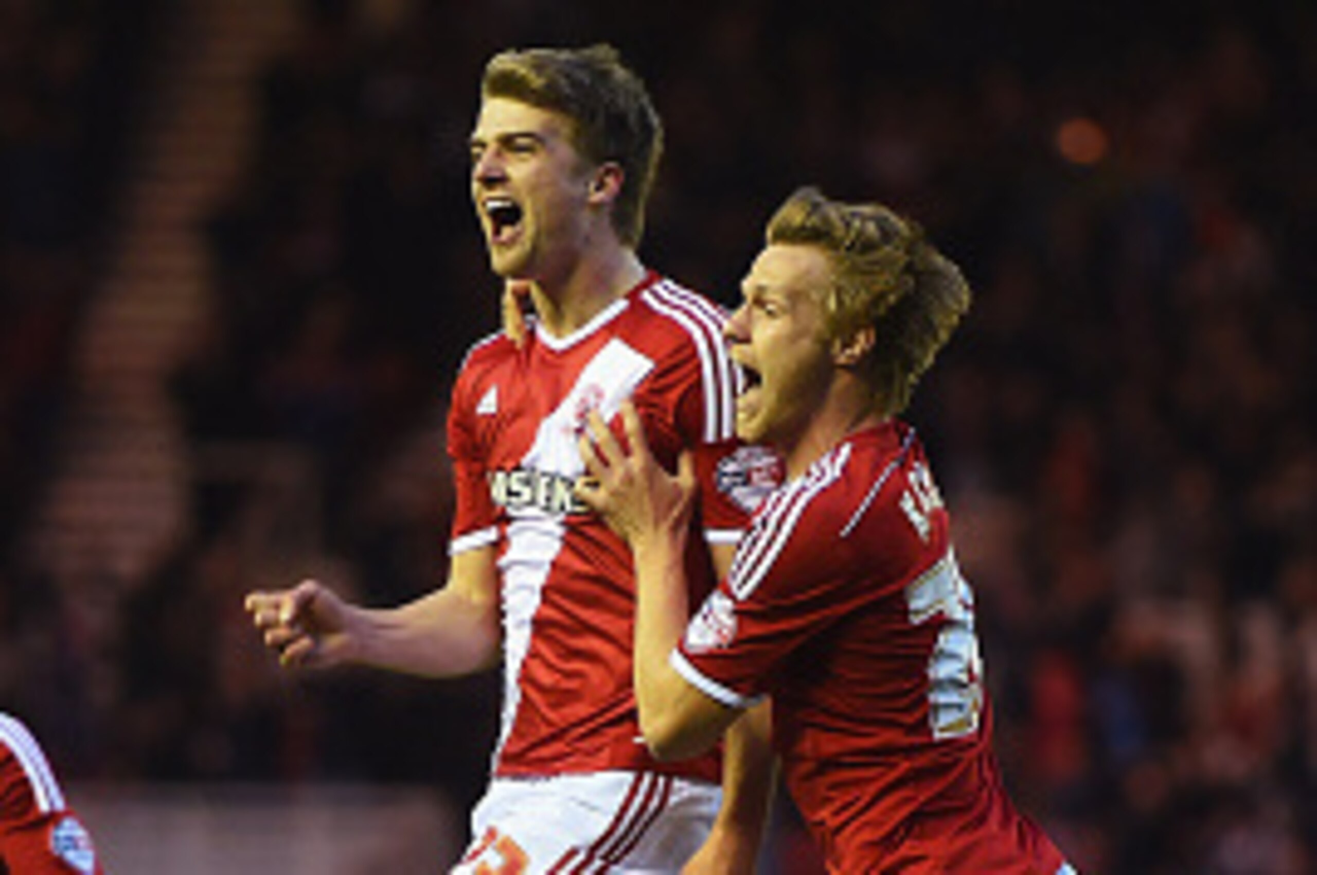 MIDDLESBROUGH, ENGLAND - APRIL 14:  Patrick Bamford of Middlesbrough (C) celebrates with team mates as he scores their second goal during the Sky Bet Championship match between Middlesbrough and Wolverhampton Wanderers at Riverside Stadium on April 14, 20