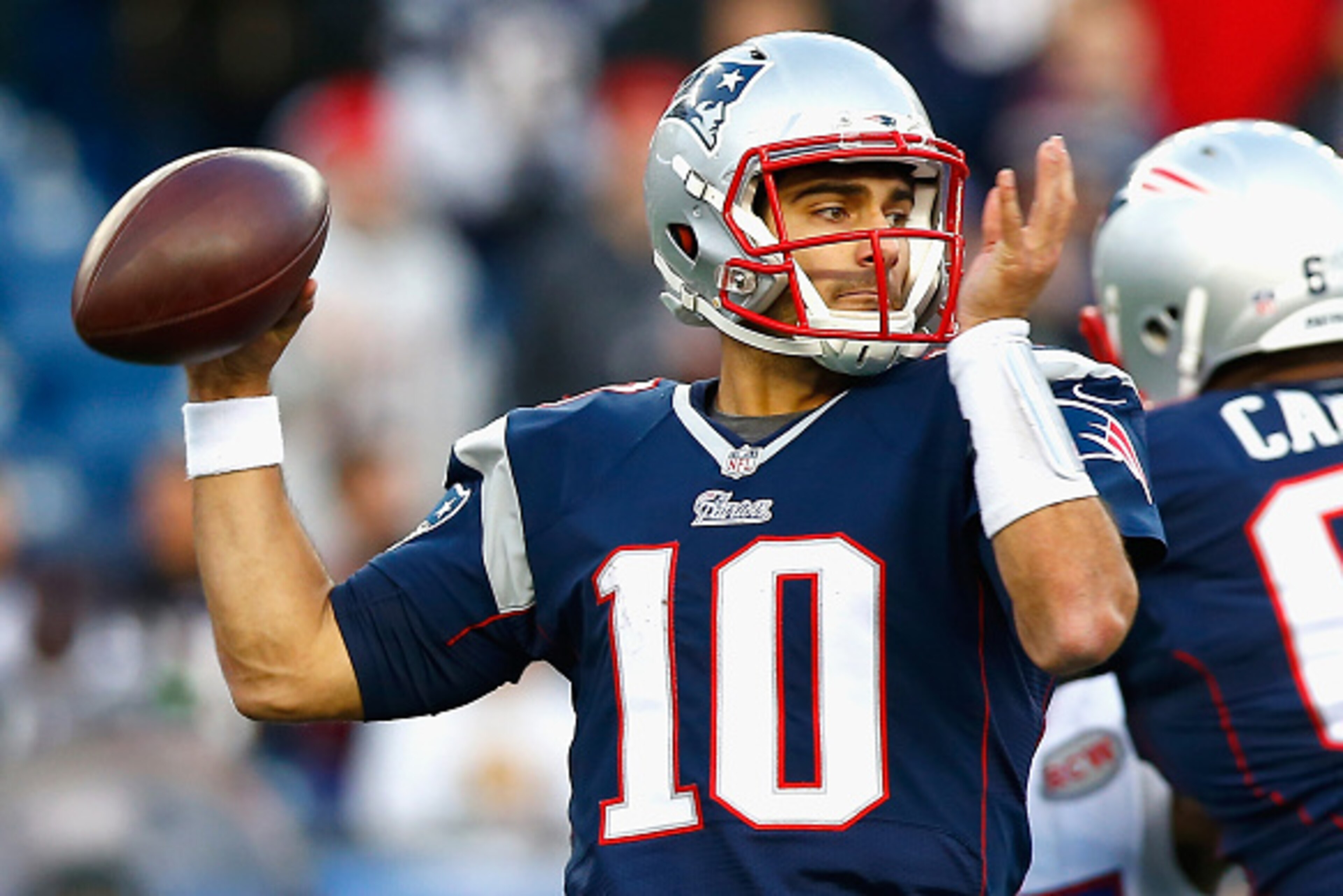 FOXBORO, MA - DECEMBER 28:  Jimmy Garoppolo #10 of the New England Patriots passes the ball during the fourth quarter against the Buffalo Bills at Gillette Stadium on December 28, 2014 in Foxboro, Massachusetts.  (Photo by Jared Wickerham/Getty Images)