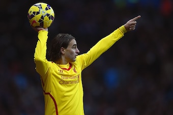 BIRMINGHAM, ENGLAND - JANUARY 17:  Lazar Markovic of Liverpool takes a throw in during the Barclays Premier League match between Aston Villa and Liverpool at Villa Park on January 17, 2015 in Birmingham, England.  (Photo by Laurence Griffiths/Getty Images