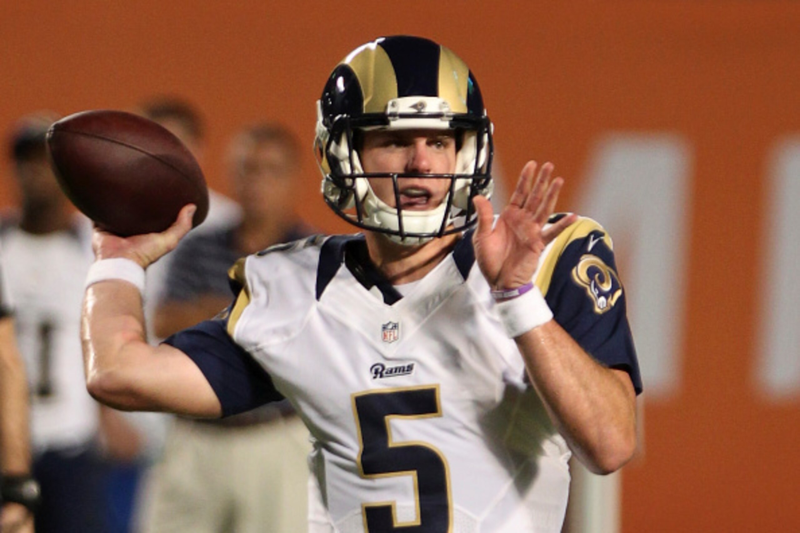 MIAMI GARDENS, FL - AUGUST 28: Quarterback Garrett Gilbert #5 of the St. Louis Rams passes against the Miami Dolphins in the third quarter at Sun Life Stadium on August 28, 2014 in Miami Gardens, Florida. (Photo by Marc Serota/Getty Images) MIAMI GARDENS, FL - AUGUST 28: Quarterback Garrett Gilbert #5 of the St. Louis Rams passes against the Miami Dolphins in the third quarter at Sun Life Stadium on August 28, 2014 in Miami Gardens, Florida. (Photo by Marc Serota/Getty Images)