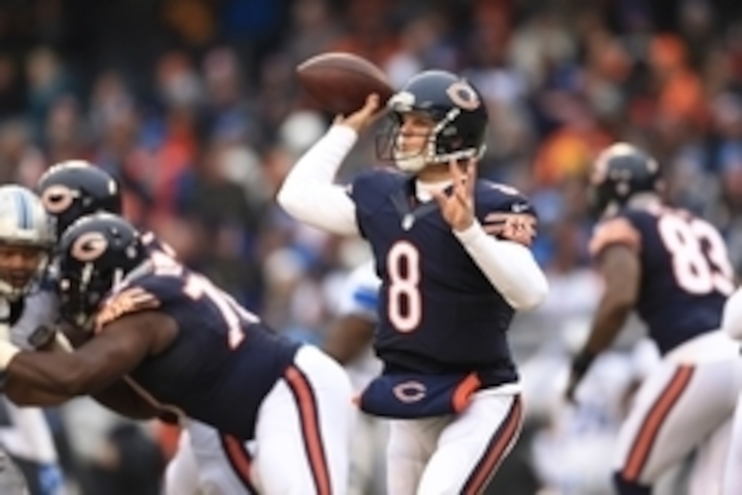 Dec 21, 2014; Chicago, IL, USA; Chicago Bears quarterback Jimmy Clausen (8) against the Detroit Lions at Soldier Field. The Lions defeated the Bears 20-14. Mandatory Credit: Andrew Weber-USA TODAY Sports