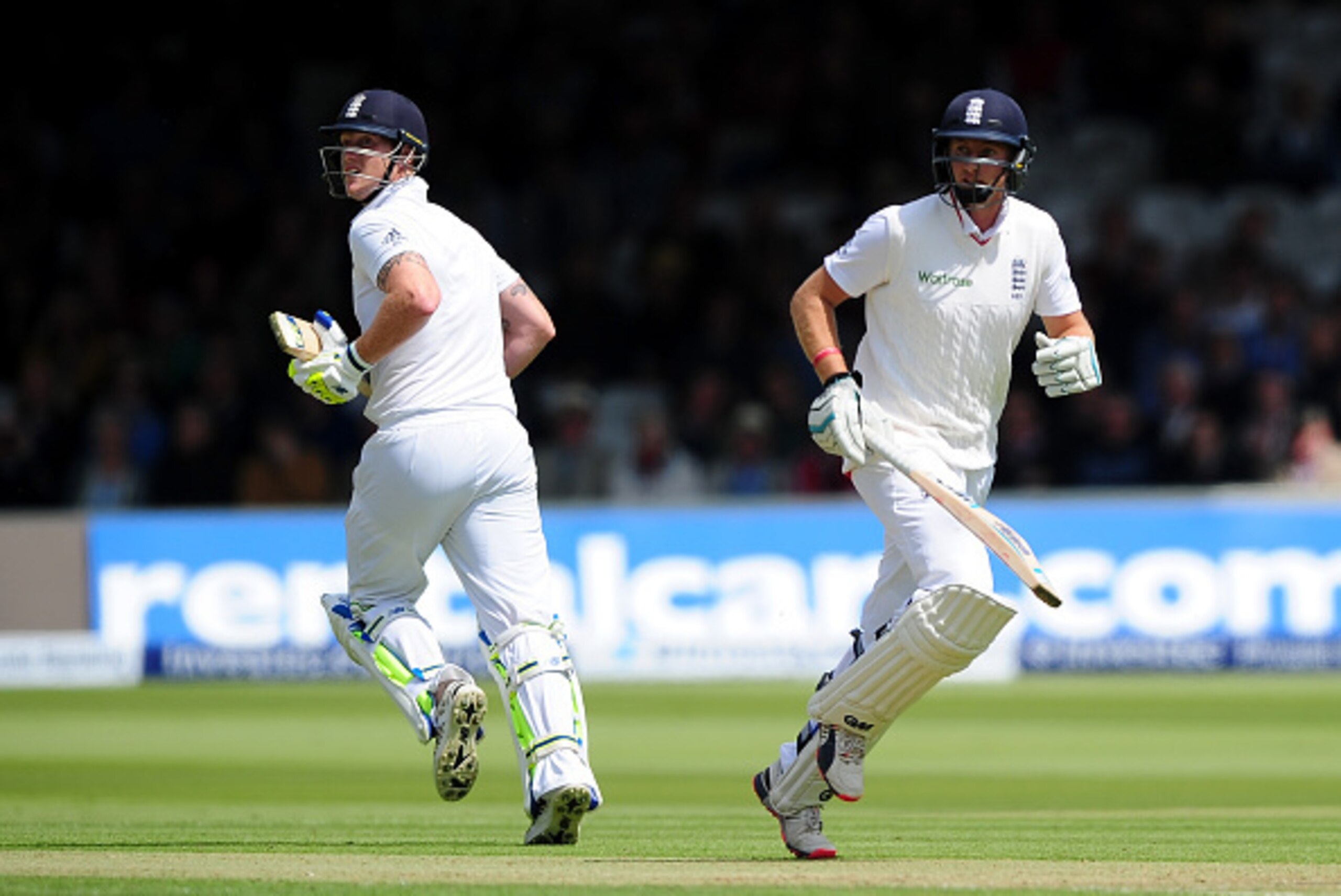 LONDON, ENGLAND - MAY 21:  Ben Stokes (L) and Joe Root of England score a run during day one of the 1st Investec Test match between England and New Zealand at Lord's Cricket Ground on May 21, 2015 in London, England.  (Photo by Dan Mullan/Getty Images)