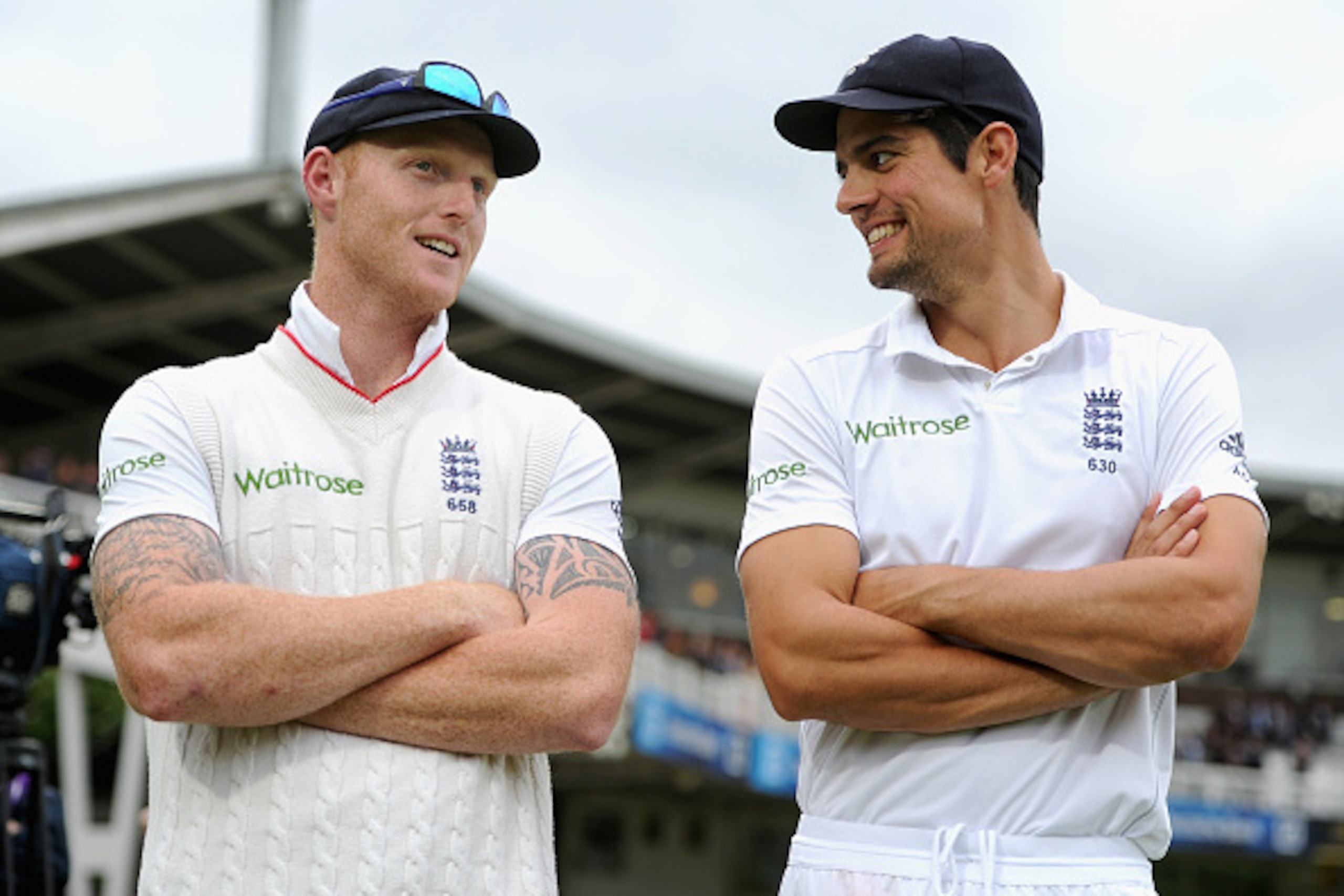 LONDON, ENGLAND - MAY 25:  England captain Alastair Cook speaks with Ben Stokes of England after winning the 1st Investec Test match between England and New Zealand at Lord's Cricket Ground on May 25, 2015 in London, England.  (Photo by Gareth Copley/Gett