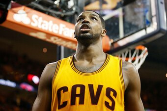 CLEVELAND, OH - MAY 24:  Tristan Thompson #13 of the Cleveland Cavaliers reacts in overtime against the Atlanta Hawks during Game Three of the Eastern Conference Finals of the 2015 NBA Playoffs at Quicken Loans Arena on May 24, 2015 in Cleveland, Ohio. NO