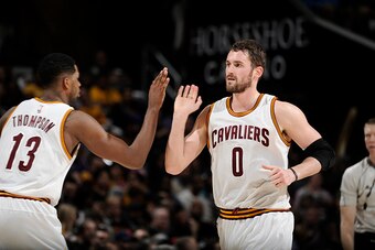 CLEVELAND, OH - FEBRUARY 11:  Kevin Love #0 and Tristan Thompson #13 of the Cleveland Cavaliers during the game against the Miami Heat on February 11, 2015 at Quicken Loans Arena in Cleveland, Ohio. NOTE TO USER: User expressly acknowledges and agrees tha