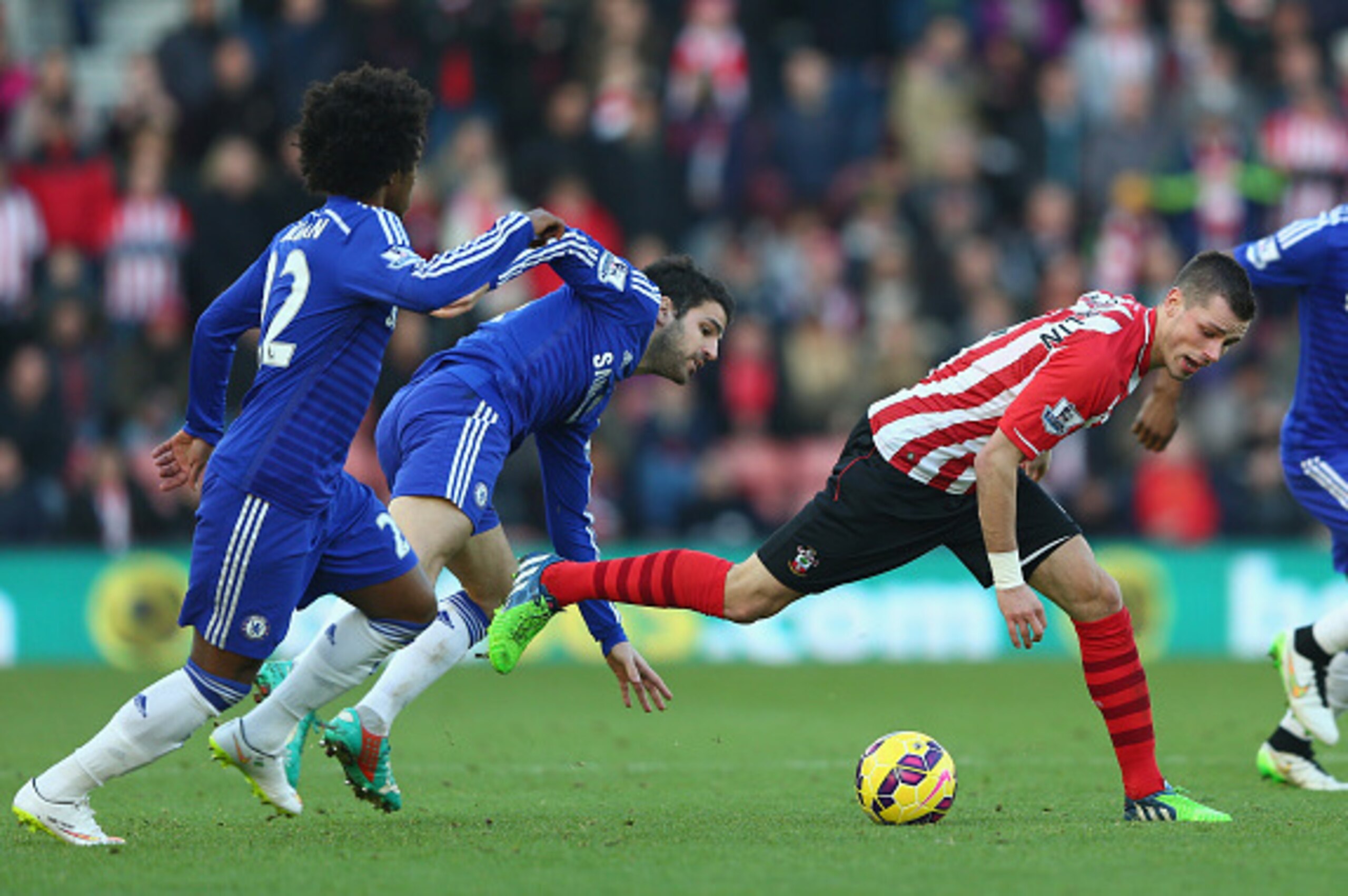 SOUTHAMPTON, ENGLAND - DECEMBER 28:  Morgan Schneiderlin (R) of Southampton is put under pressure by Cesc Fabregas of Chelsea during the Barclays Premier League match between Southampton and Chelsea at St Mary's Stadium on December 28, 2014 in Southampton