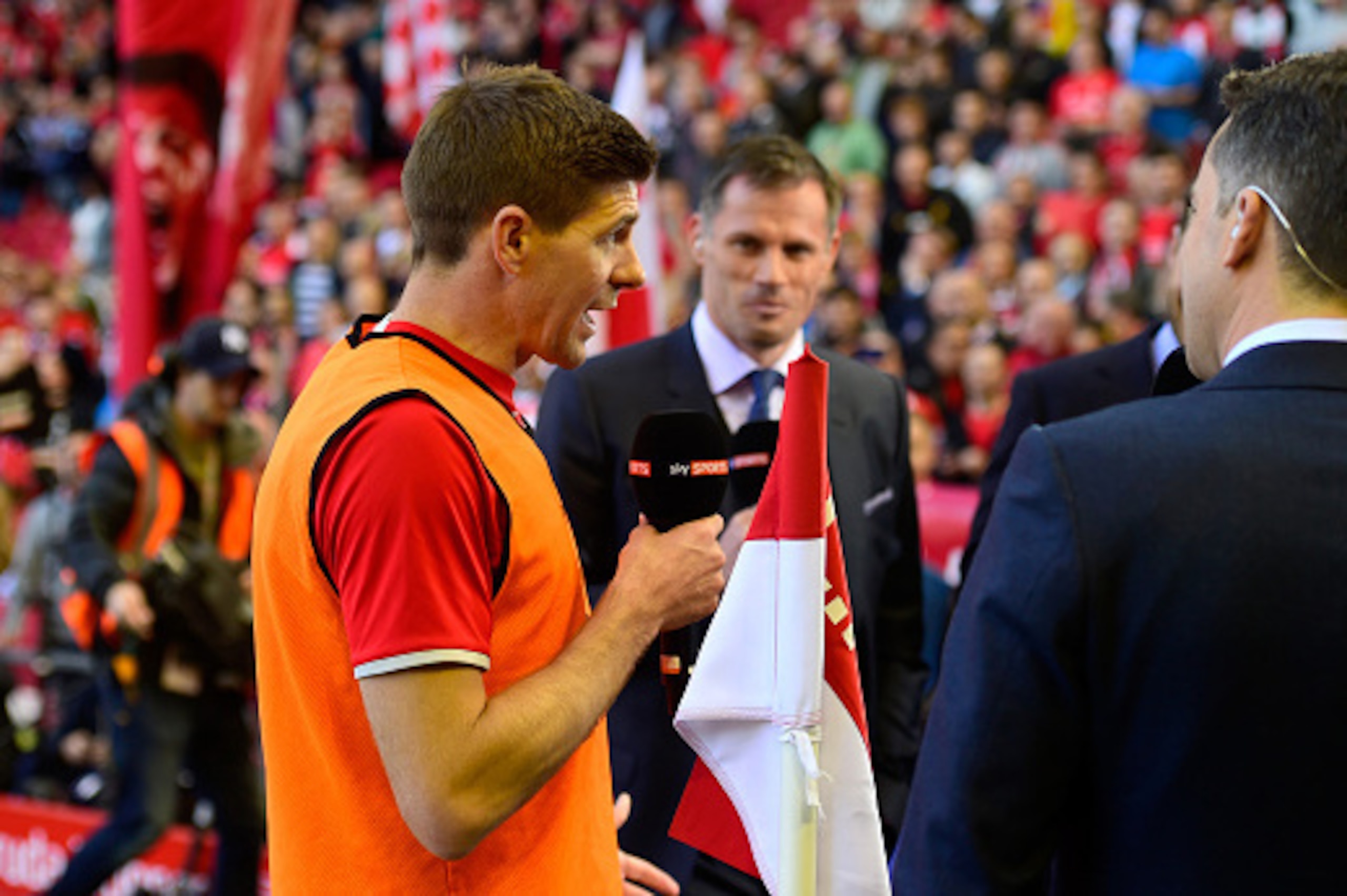 LIVERPOOL, ENGLAND - MAY 16:  Steven Gerrard of Liverpool is interviewed before the Barclays Premier League match betrween Liverpool and Crystal Palace at Anfield on May 16, 2015 in Liverpool, England.  (Photo by Stu Forster/Getty Images)