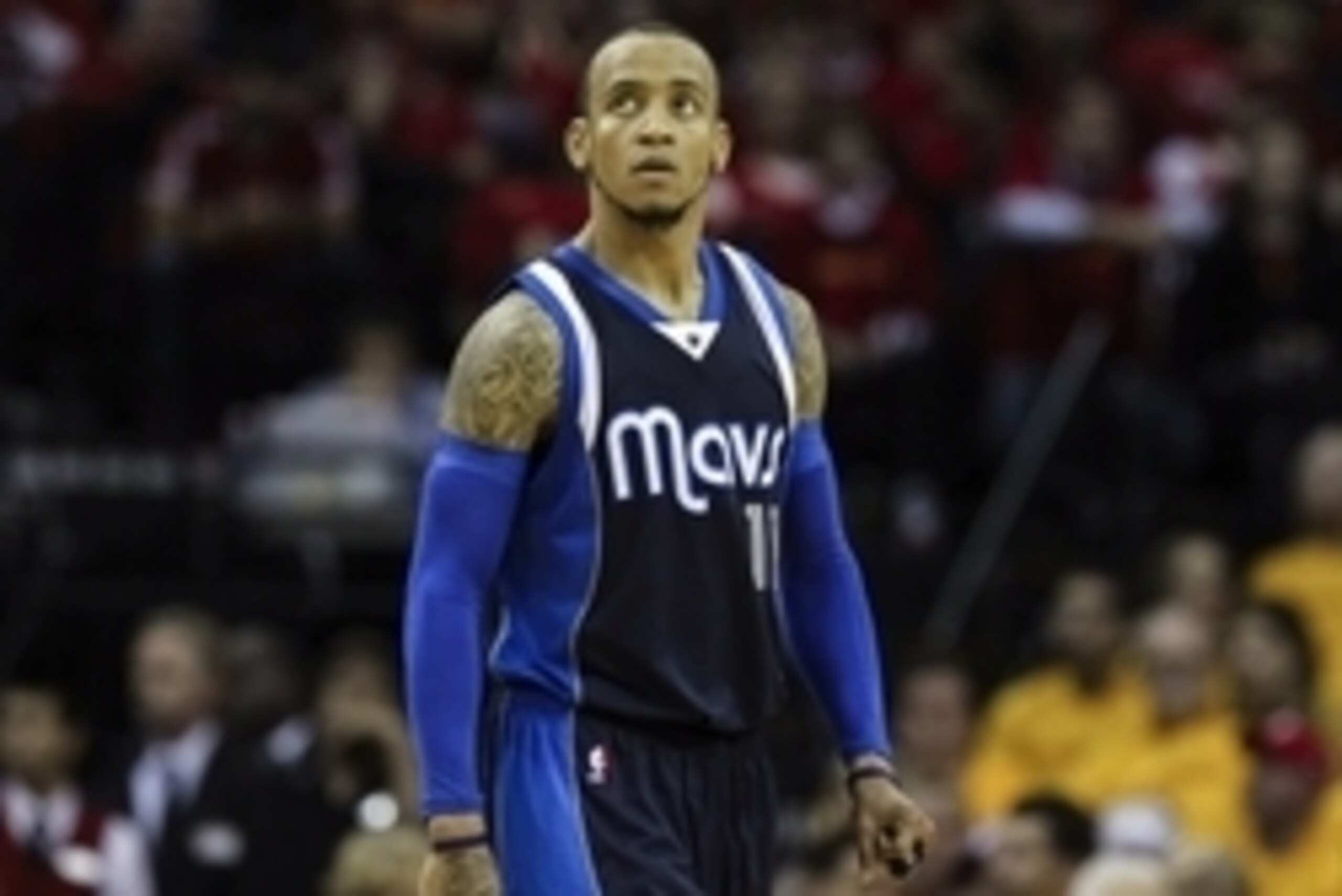 Apr 28, 2015; Houston, TX, USA; Dallas Mavericks guard Monta Ellis (11) reacts after a play during the second half against the Houston Rockets in game five of the first round of the NBA Playoffs at Toyota Center. The Rockets defeated the Mavericks 103-94 