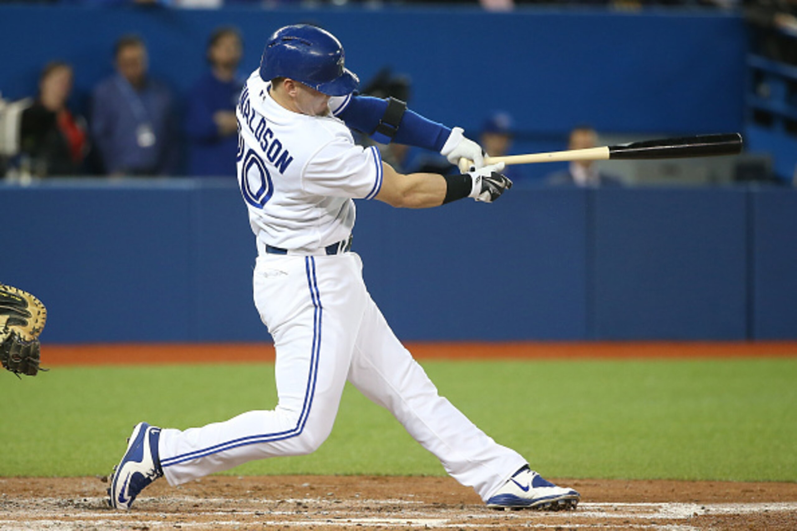 TORONTO, CANADA - APRIL 23: Josh Donaldson #36 of the Toronto Blue Jays hits a two-run home run in the third inning during MLB game action against the Baltimore Orioles on April 23, 2015 at Rogers Centre in Toronto, Ontario, Canada. (Photo by Tom Szczerbo