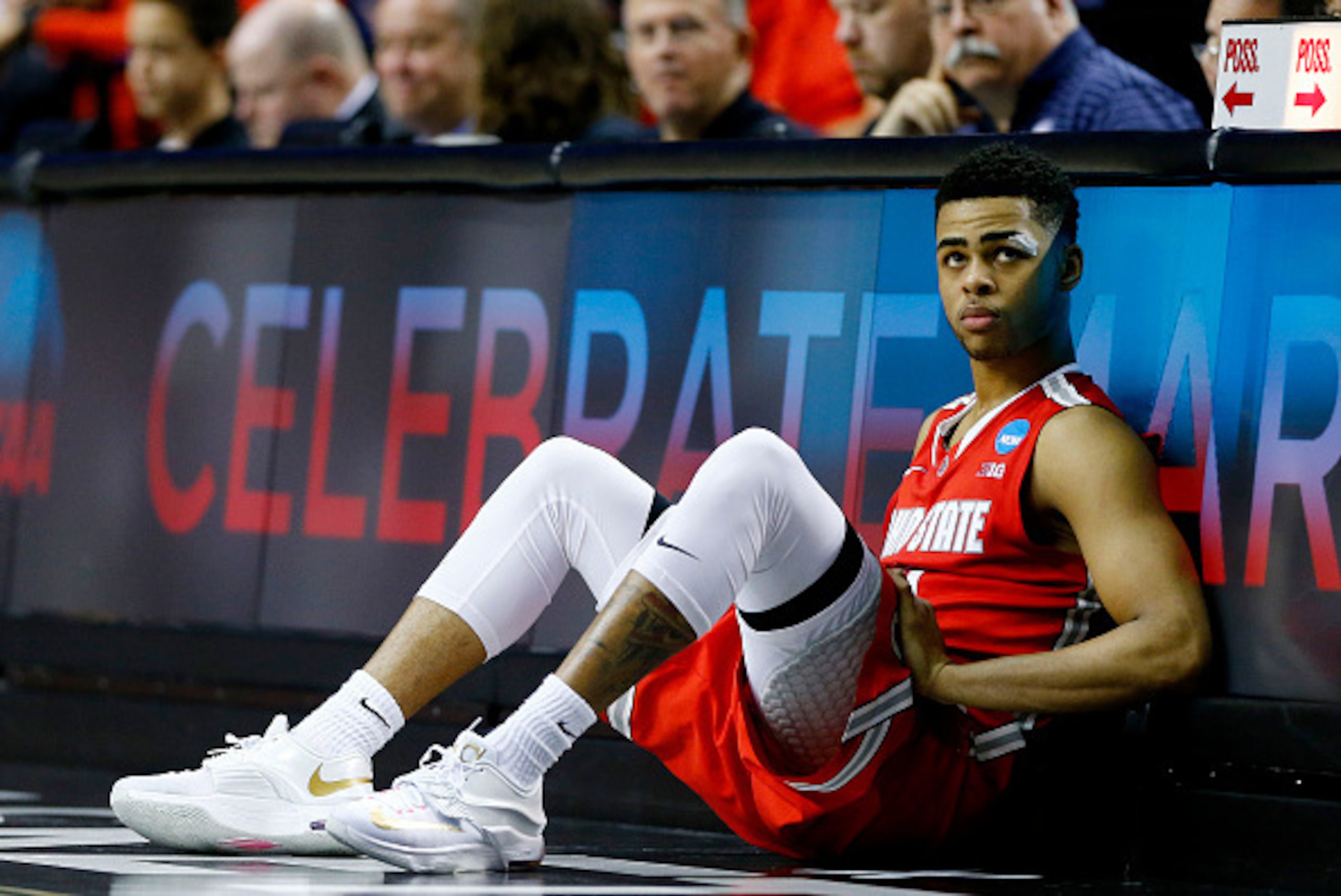 PORTLAND, OR - MARCH 21:  D'Angelo Russell #0 of the Ohio State Buckeyes sits on the side of the court in the second half against the Arizona Wildcats during the third round of the 2015 NCAA Men's Basketball Tournament at Moda Center on March 21, 2015 in 