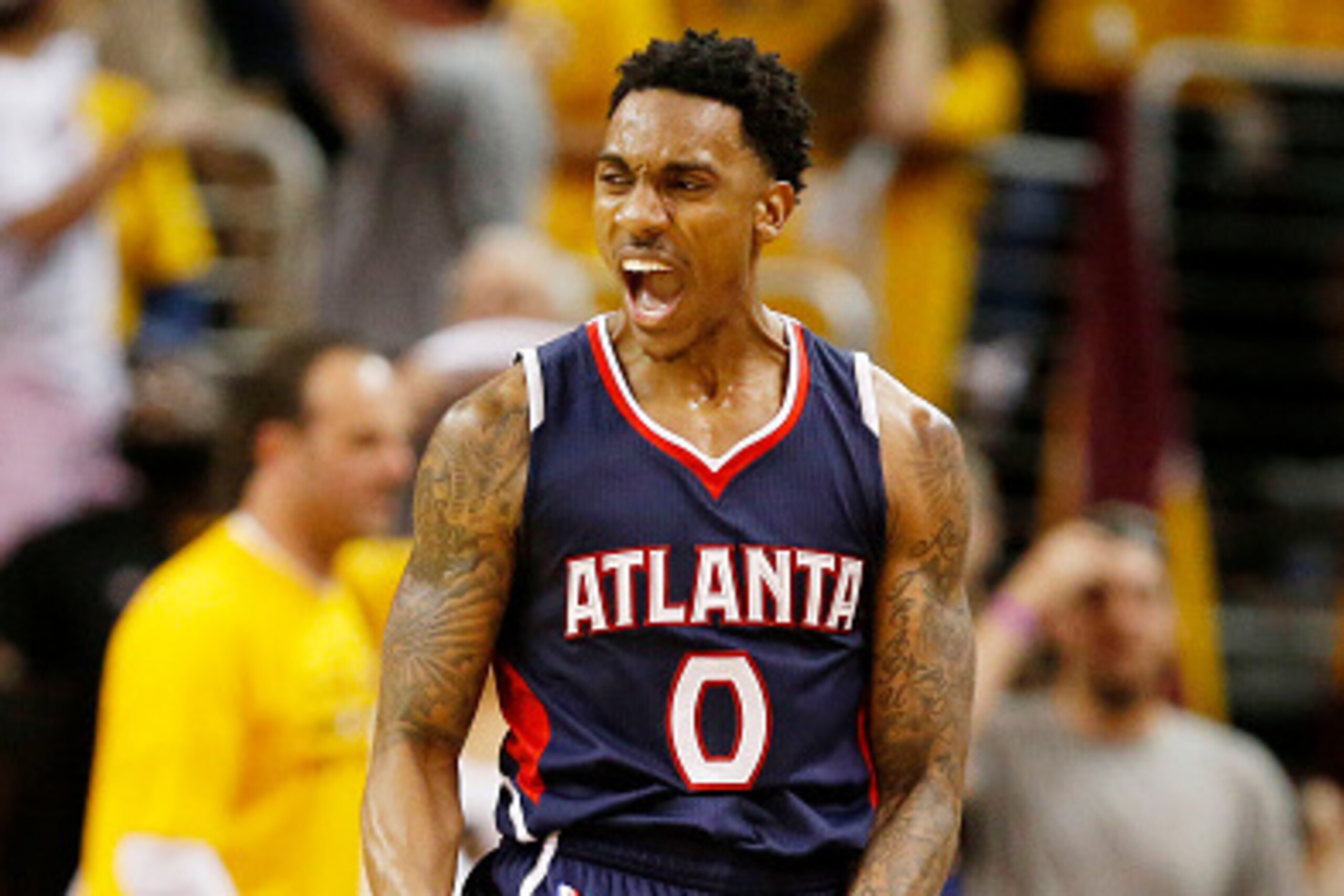 CLEVELAND, OH - MAY 24:  Jeff Teague #0 of the Atlanta Hawks reacts in overtime against the Cleveland Cavaliers during Game Three of the Eastern Conference Finals of the 2015 NBA Playoffs at Quicken Loans Arena on May 24, 2015 in Cleveland, Ohio. NOTE TO 