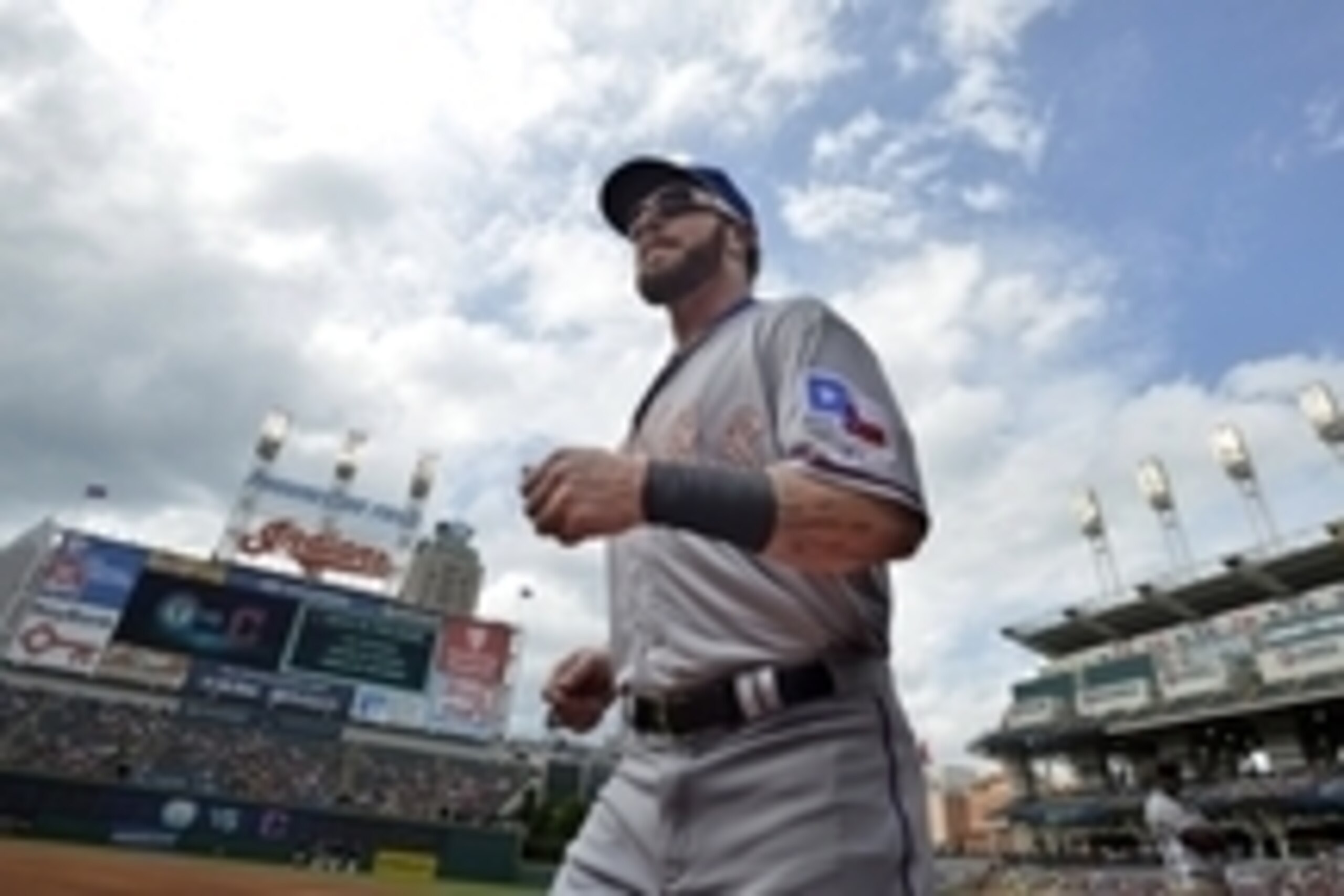 May 25, 2015; Cleveland, OH, USA; Texas Rangers left fielder Josh Hamilton (32) runs on the field prior to a game agains the Cleveland Indians at Progressive Field. Mandatory Credit: David Richard-USA TODAY Sports