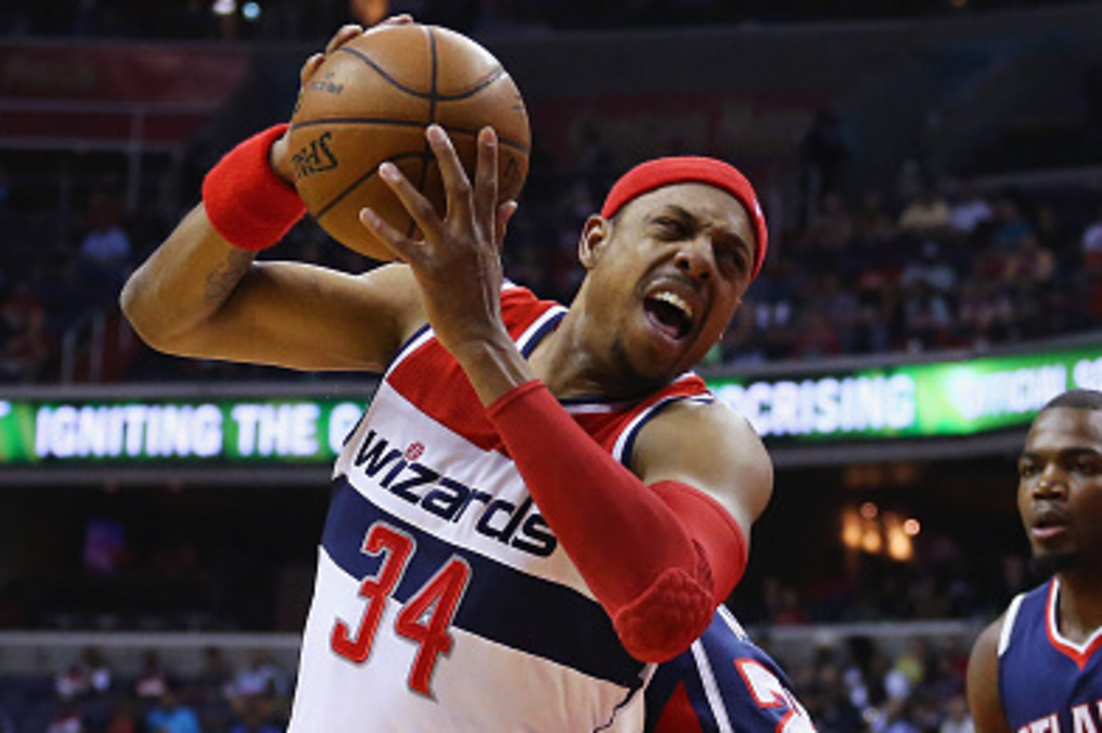 WASHINGTON, DC - MAY 15:  Paul Pierce #34 of the Washington Wizards looks for a shot against Paul Millsap #4 of the Atlanta Hawks during the first quarter at Verizon Center on May 15, 2015 in Washington, DC.  (Photo by Maddie Meyer/Getty Images)