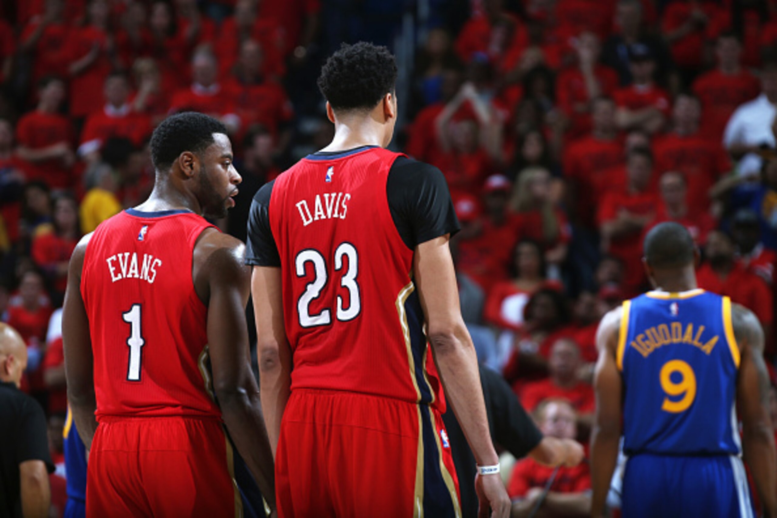 NEW ORLEANS, LA - APRIL 23: Tyreke Evans #1 and Anthony Davis #23 of the New Orleans Pelicans during the game against the Golden State Warriors during Game Three of the Western Conference Quarterfinals of the 2015 NBA Playoffs on April 23, 2015 at Smoothi