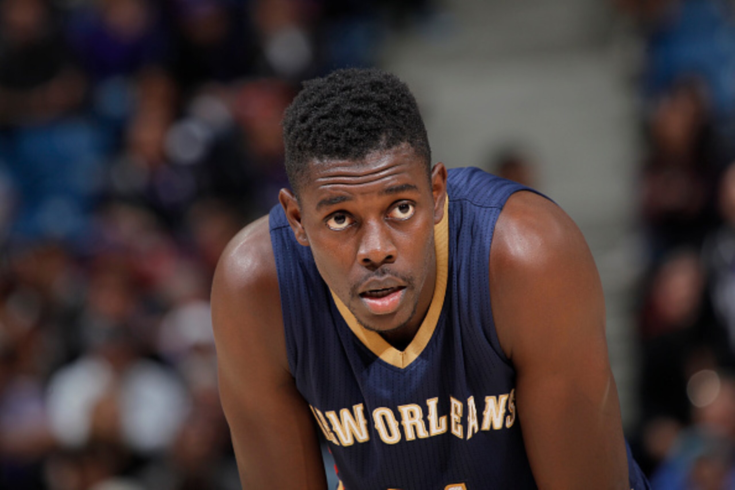 SACRAMENTO, CA - NOVEMBER 18: Jrue Holiday #11 of the New Orleans Pelicans looks on during the game against the Sacramento Kings on November 18, 2014 at Sleep Train Arena in Sacramento, California. NOTE TO USER: User expressly acknowledges and agrees that