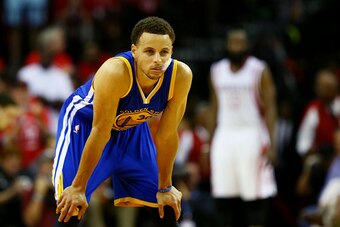 HOUSTON, TX - MAY 25:  Stephen Curry #30 of the Golden State Warriors looks on in the fourth quarter against the Houston Rockets during Game Four of the Western Conference Finals of the 2015 NBA Playoffs at Toyota Center on May 25, 2015 in Houston, Texas.