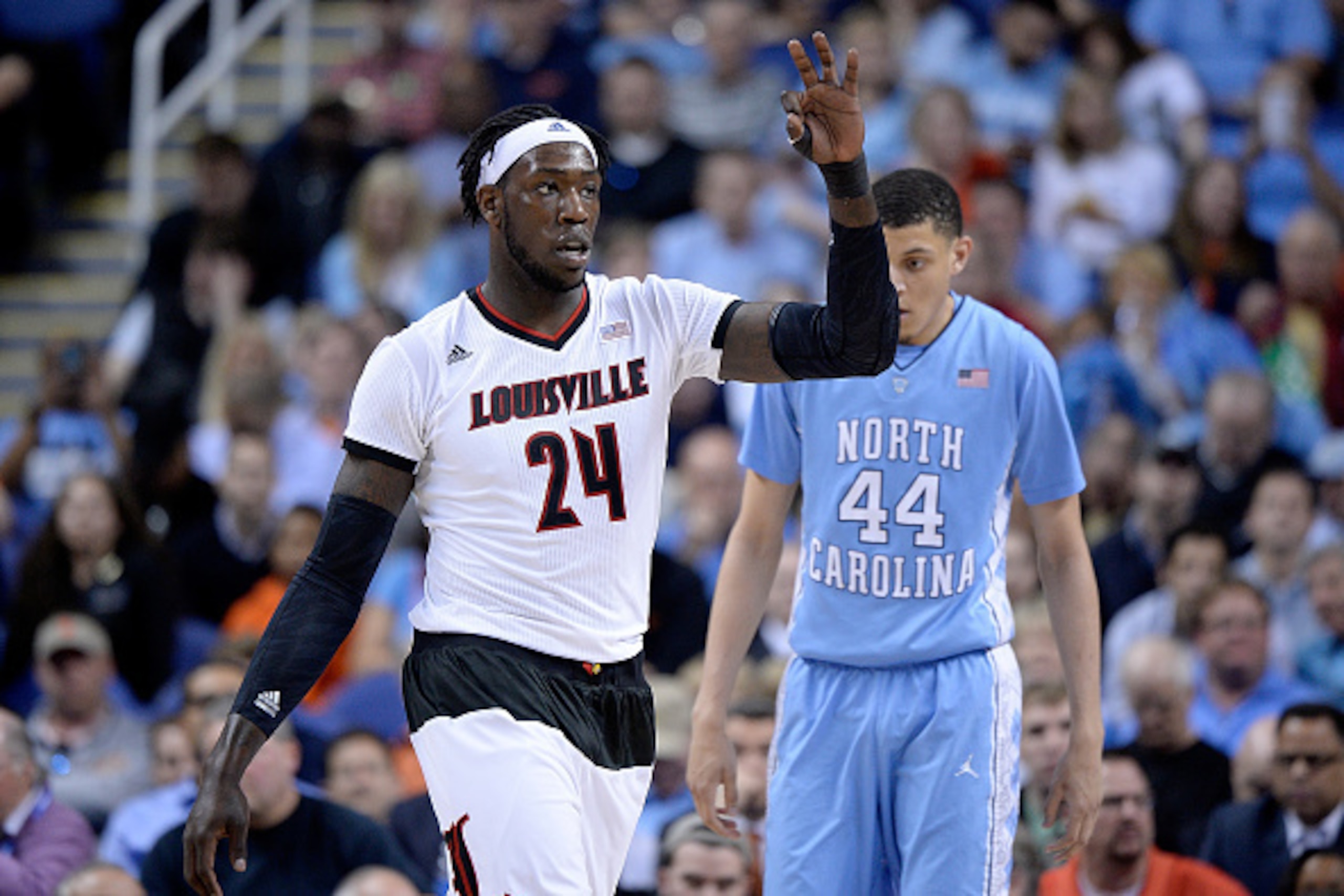 GREENSBORO, NC - MARCH 12:  Montrezl Harrell #24 of the Louisville Cardinals signals the bench as he plays against the North Carolina Tar Heels during the quarterfinals of the ACC Basketball Tournament at Greensboro Coliseum on March 12, 2015 in Greensbor