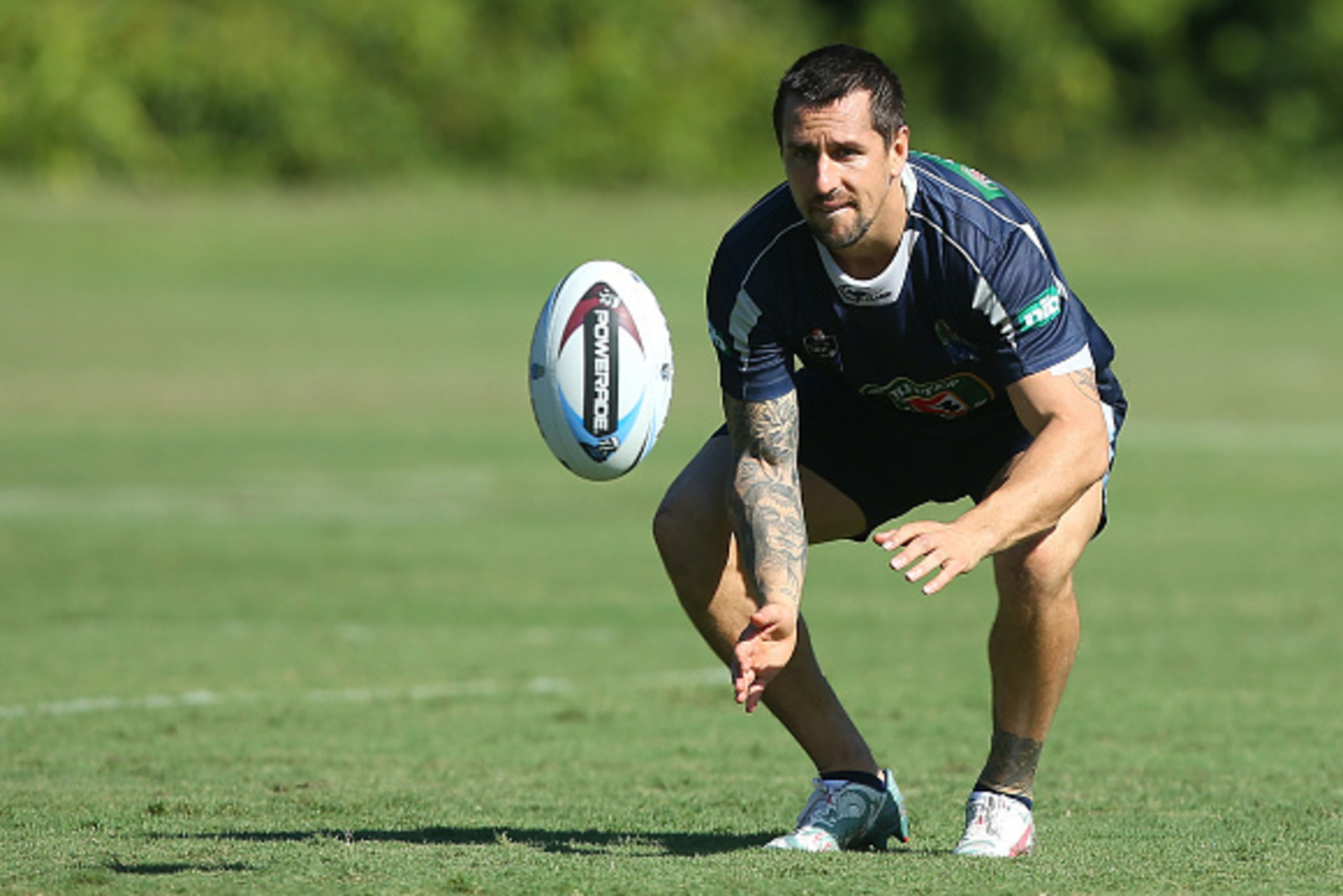 COFFS HARBOUR, AUSTRALIA - MAY 20:  Mitchell Pearce catches the ball during a New South Wales Blues State of Origin training session at Novotel Coffs Harbour on May 20, 2015 in Coffs Harbour, Australia.  (Photo by Chris Hyde/Getty Images)