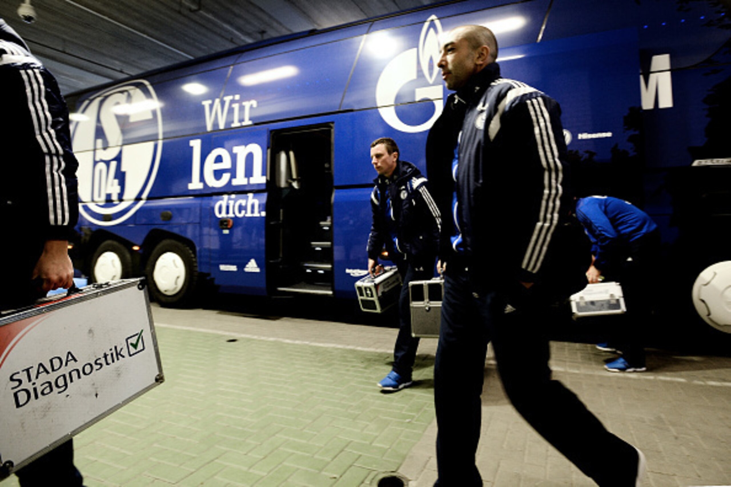 DORTMUND, GERMANY - FEBRUARY 28:  The MAN team bus and head coach Roberto Di Matteo of Schalke 04 arrive prior to the Bundesliga match between Borussia Dortmund and FC Schalke 04 at Signal Iduna Park on February 28, 2015 in Dortmund, Germany.  (Photo by S