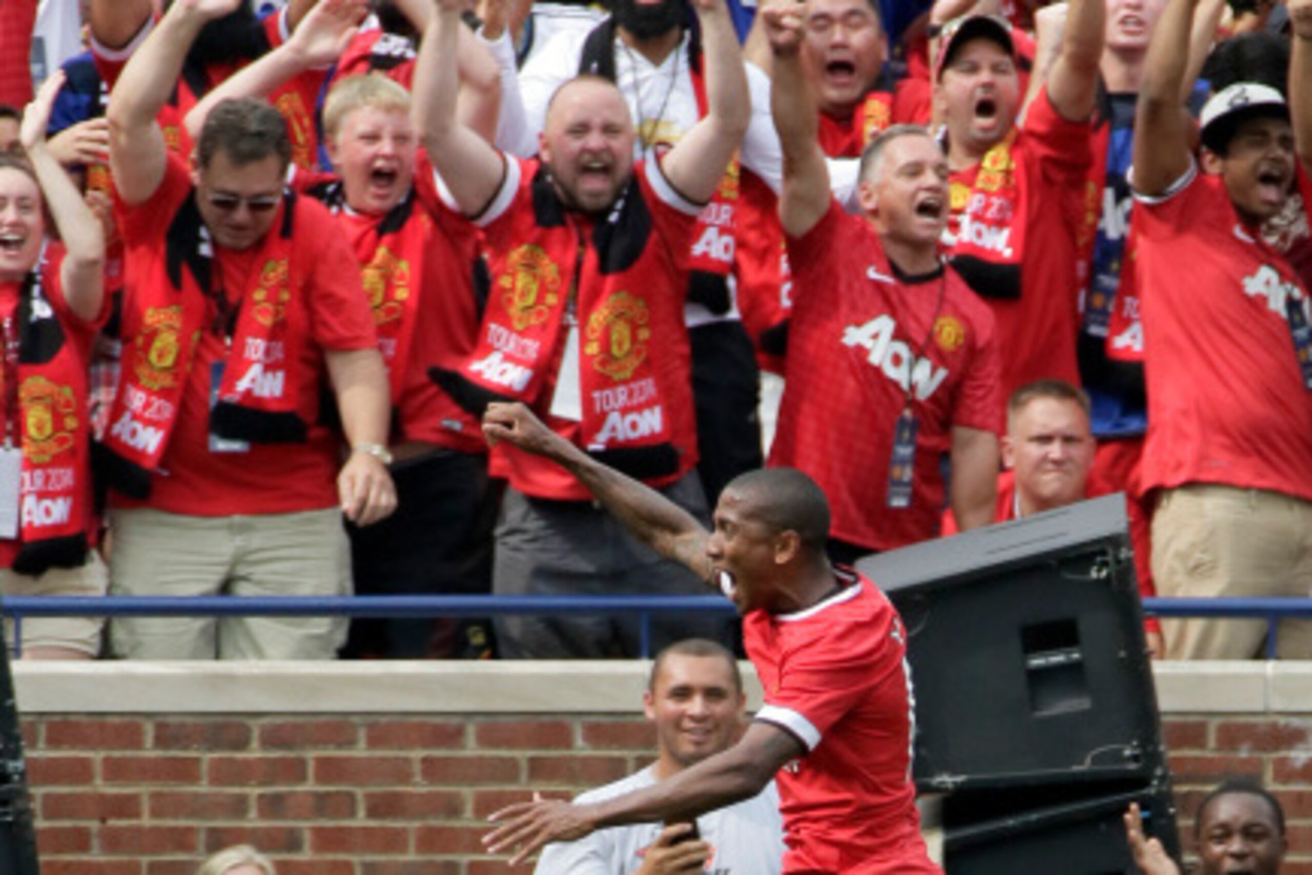 ANN ARBOR, MI - AUGUST 2:  Ashley Young #18 of Manchester United celebrates his first half goal against Real Madrid during the Guinness International Champions Cup at Michigan Stadium on August 2, 2014, in Ann Arbor, Mich. (Photo by Duane Burleson/Getty I
