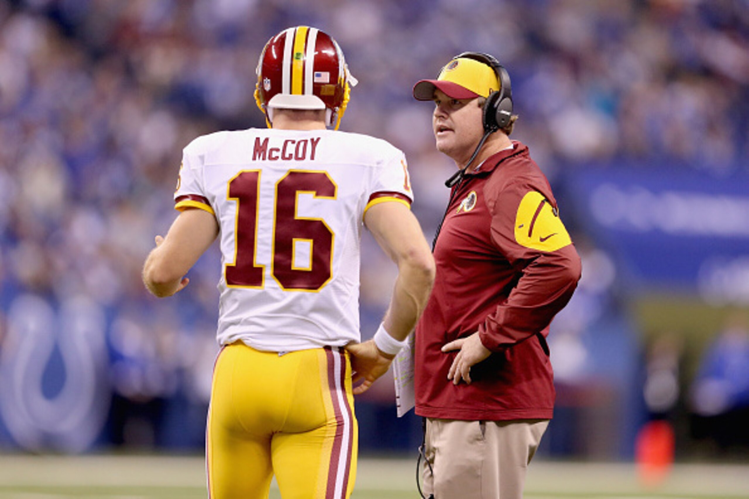 INDIANAPOLIS, IN - NOVEMBER 30: Jay Gruden the head coach talks with Colt McCoy #16 of the Washington Redskins during the game against the Indianapolis Colts at Lucas Oil Stadium on November 30, 2014 in Indianapolis, Indiana.  (Photo by Andy Lyons/Getty I